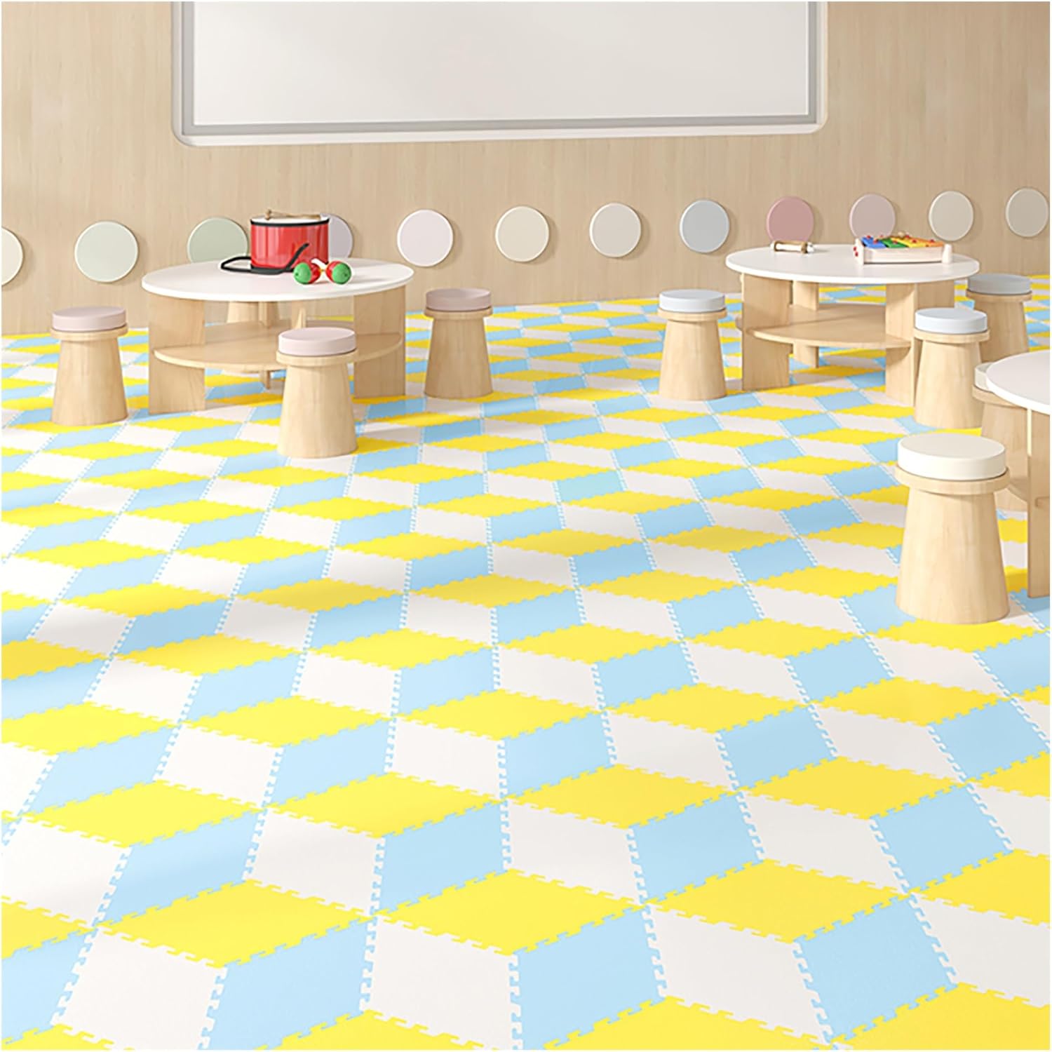 Multi-Color Interlocking Foam Floor Mats - 30 Tiles, Diamond Shape Puzzle Play Mats, Household Rug, Soft Multi-Function Flooring for Kids & Playroom (White + Light Blue)