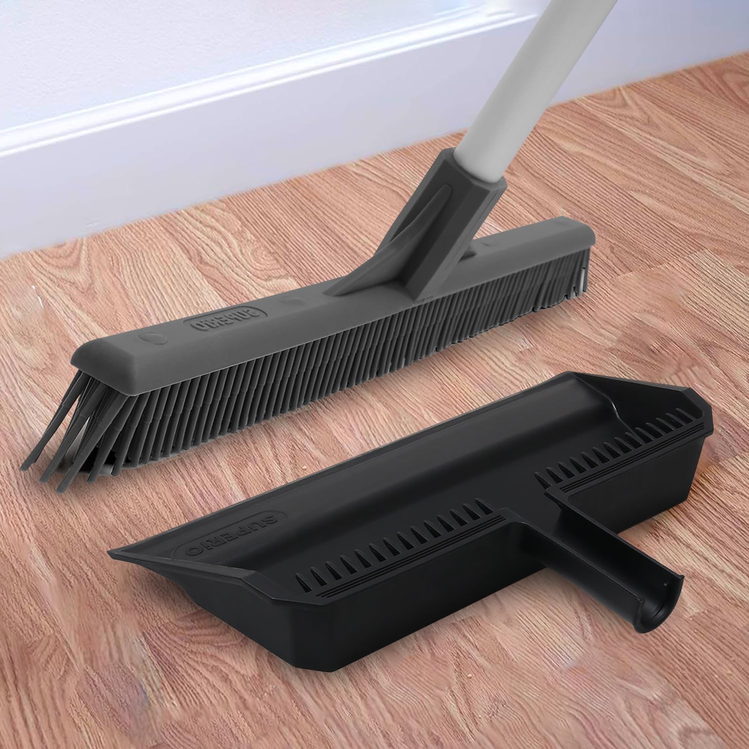 Superio 16 Silicone Pet Hair Remover Broom & 16 Dustpan with Comb, Rubber Lip & Clip - Carpet Rake Floor Cleaning Set for Carpet, Hardwood & Tile - Removes Fur, Dust & Debris