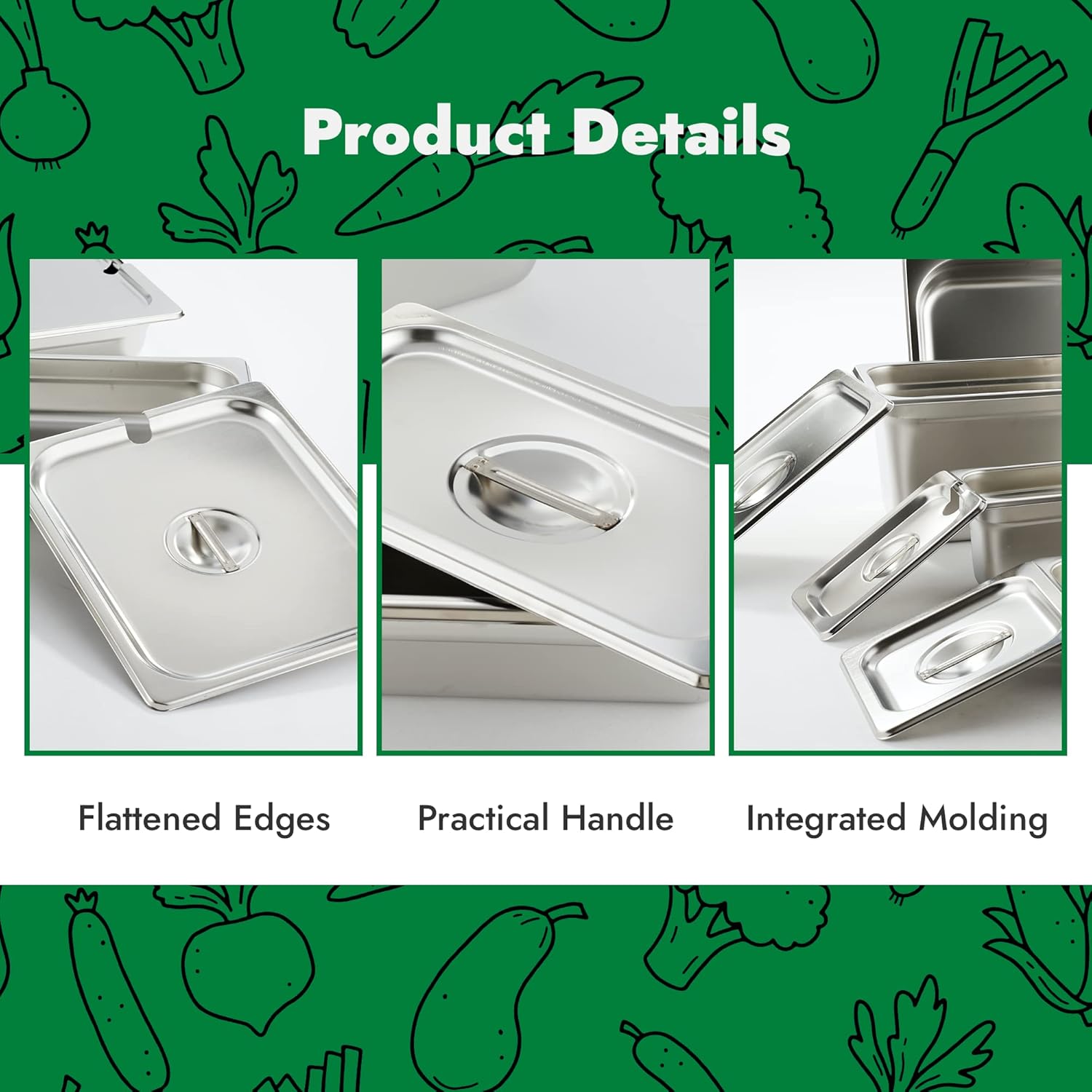 HECMAC 6-Pack 1/3 Size Slotted Hotel Pan Cover, Heavy Duty, Stainless Steel Solid Steam Table Catering Food Pan Lid with Handle - Image 3