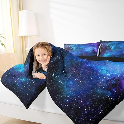 Miniatura 6 de Juego de edredón de galaxia morada, luna y estrella, juego de edredón de noche completa con cielo estrellado, edredón reversible negro con estrellas