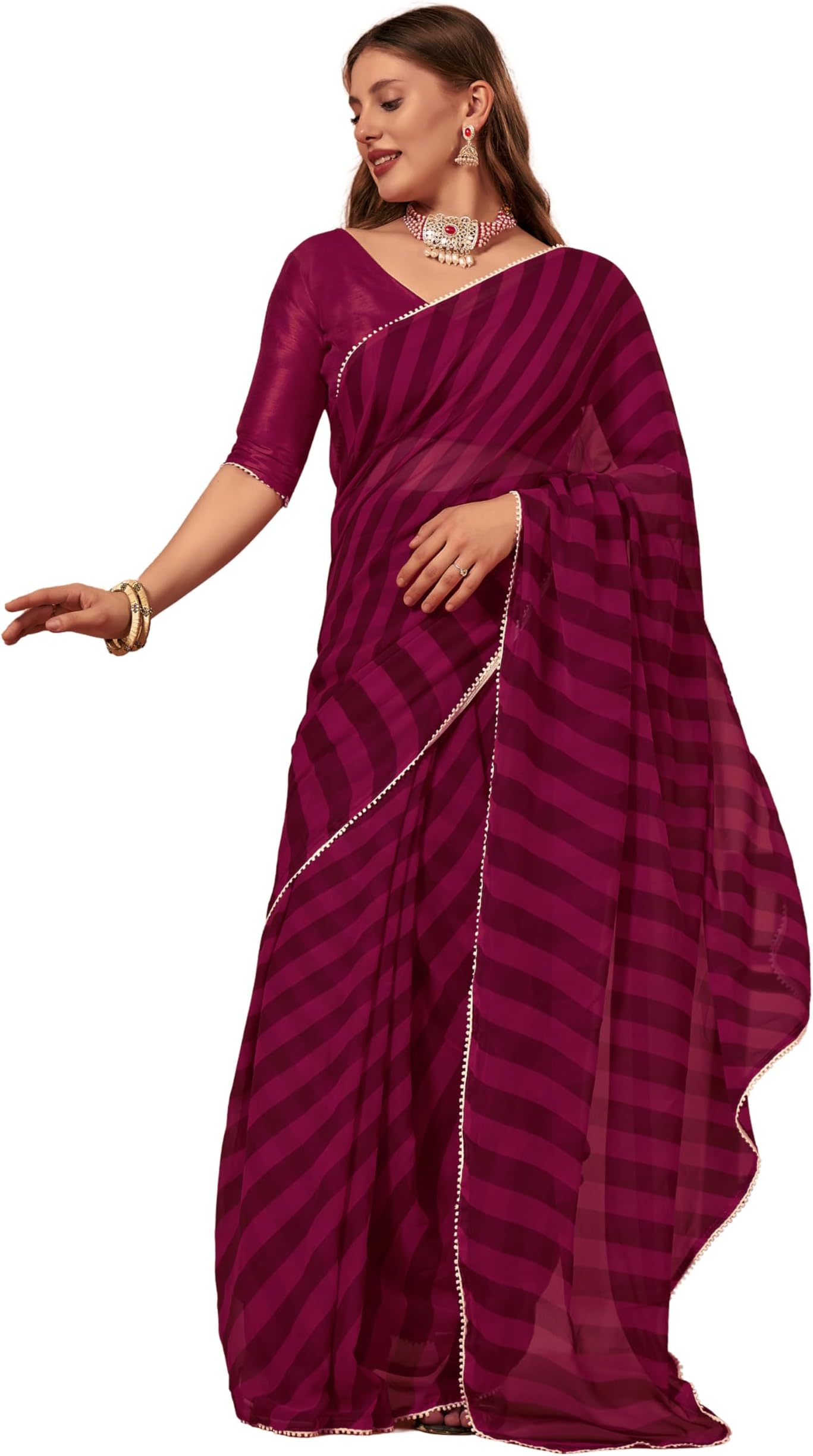 Ready to wear Pre draped Prestitched one min readymade Designer Parywear saree with Unstitch Blouse (WinePurple)