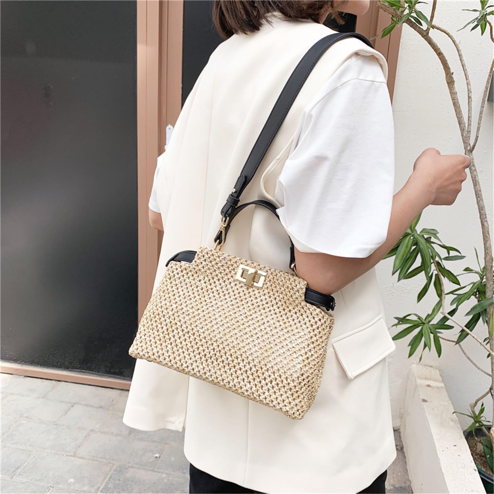 Strandtasche Crossbody Taschen Für Frauen Bohemian Gewebt Strohtasche Schultertasche Handtasche-Green Shoulder Bag