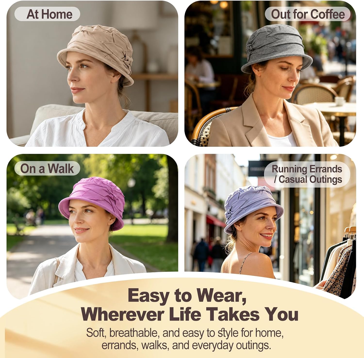 Cotton Flower Cloche Hat for Women, Breathable Chemo Headwear Cancer Hat with 50+ UPF Sun Protection Summer Cap for Hair Loss