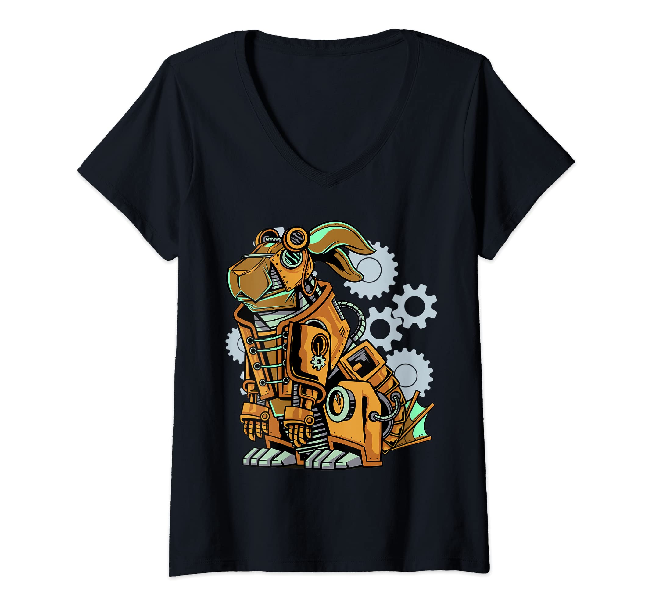 Womens steampunk gears rabbit bunny rechno V-Neck T-Shirt