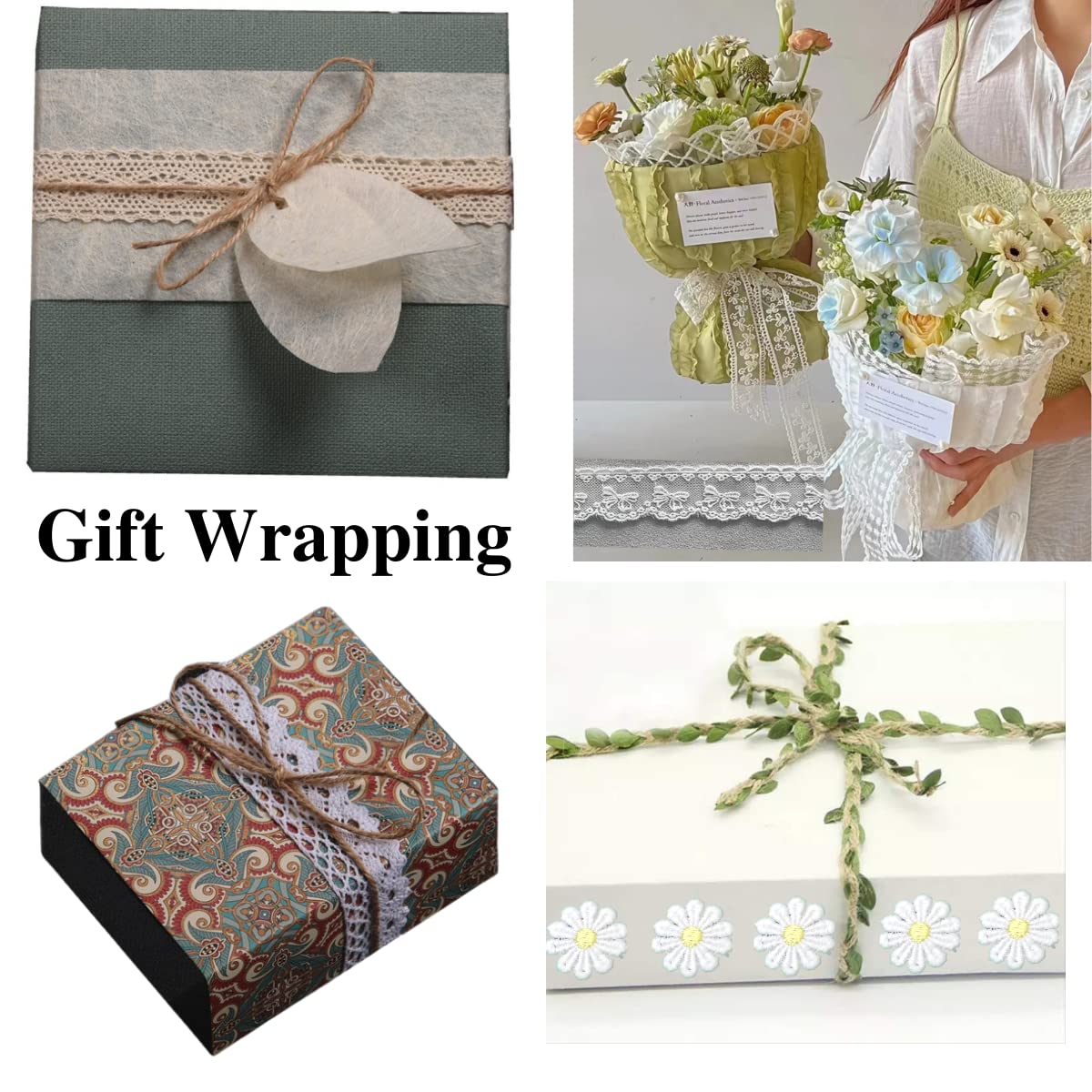 IDONGCAI Lace Ribbon for Craft Vintage & Bridal Wedding Scalloped Edge Crochet Lace Gift Wrap Ribbon Mix - 24 Yards (2 Yard Each)