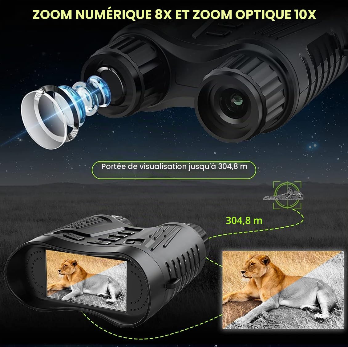 ACEXIER Jumelles à vision nocturne 4K Appareil photo infrarouge numérique Chasse Camping Télescope Zoom 8X Lunettes de vision nocturne d'extérieur