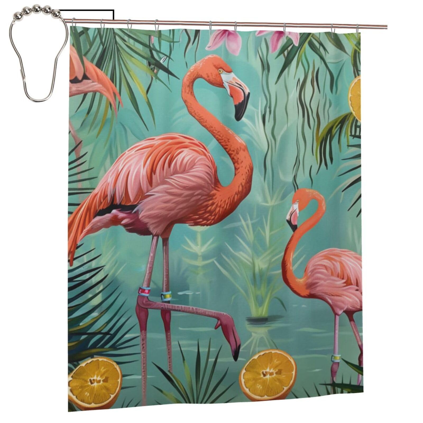 BWWHCCTI Flamingo Printed Shower Curtain With 12 Iron Hooks Opaque Quick Drying Waterproof Shower Curtains Sets For Bathroom 152x183 Cm