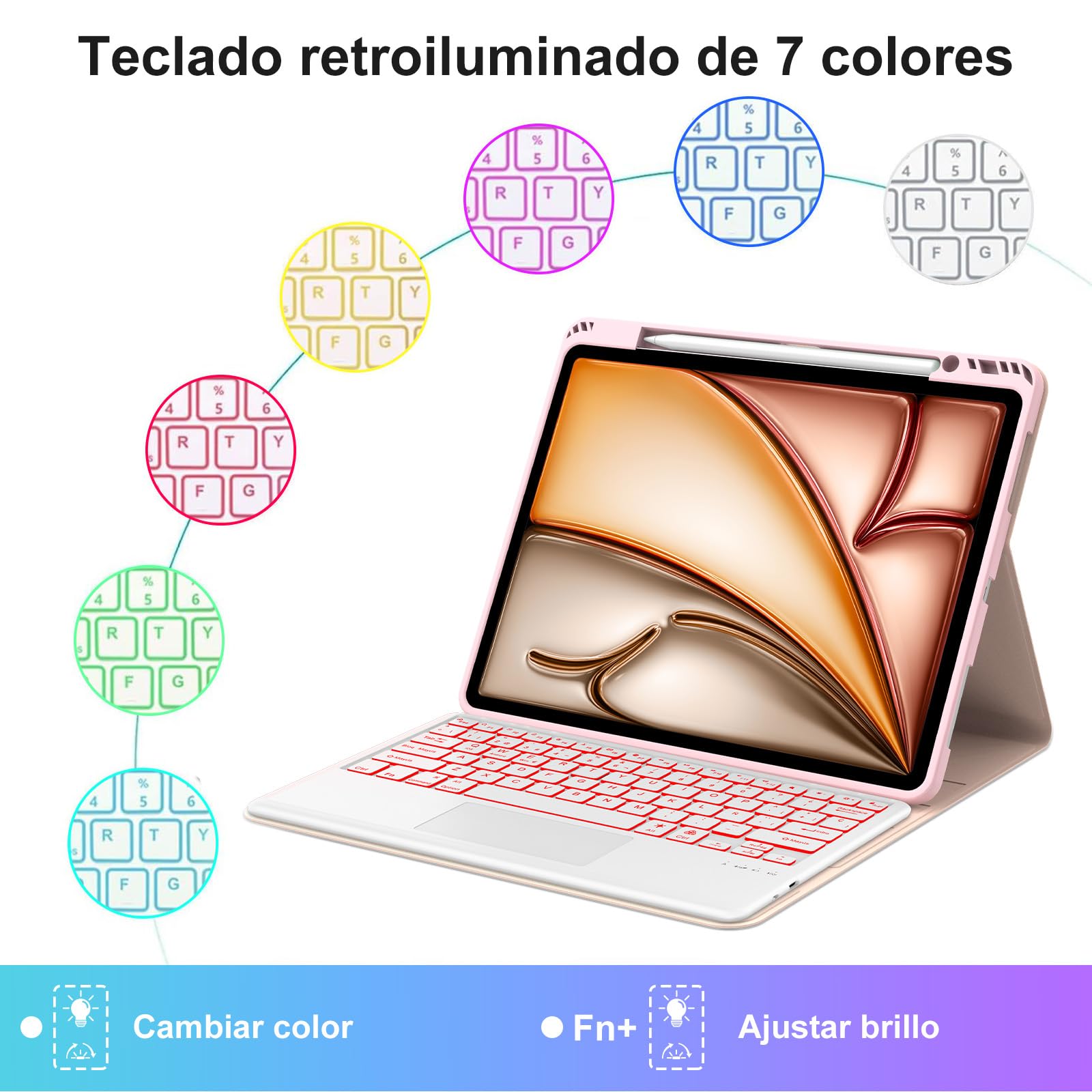 IVEOPPE Teclado para iPad Air 13 Pulgadas M4 2026/M3 2025/M2 2024 con Touchpad, Funda Cover Keyboard Retroiluminado de 7 Colores Español Ñ Bluetooth Desmontable para iPad Pro 12.9 3-6 Gen, Rosa