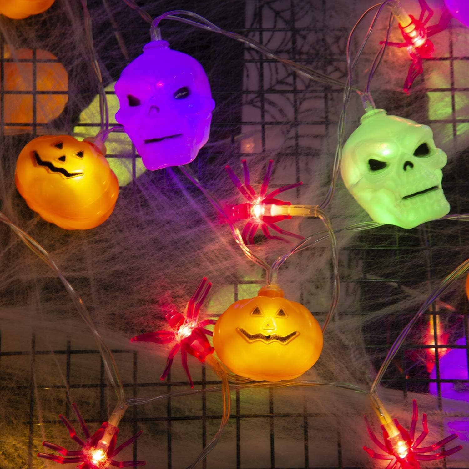 Greatfine Halloween String Lights,Set of 3 Total 45 LEDs 30 FT(Orange Pumpkins,Spider,Skulls),String Lights Indoor Outdoor Decorations,Home Decor for Halloween,Thanksgiving,Battery Operated(Set No.2)