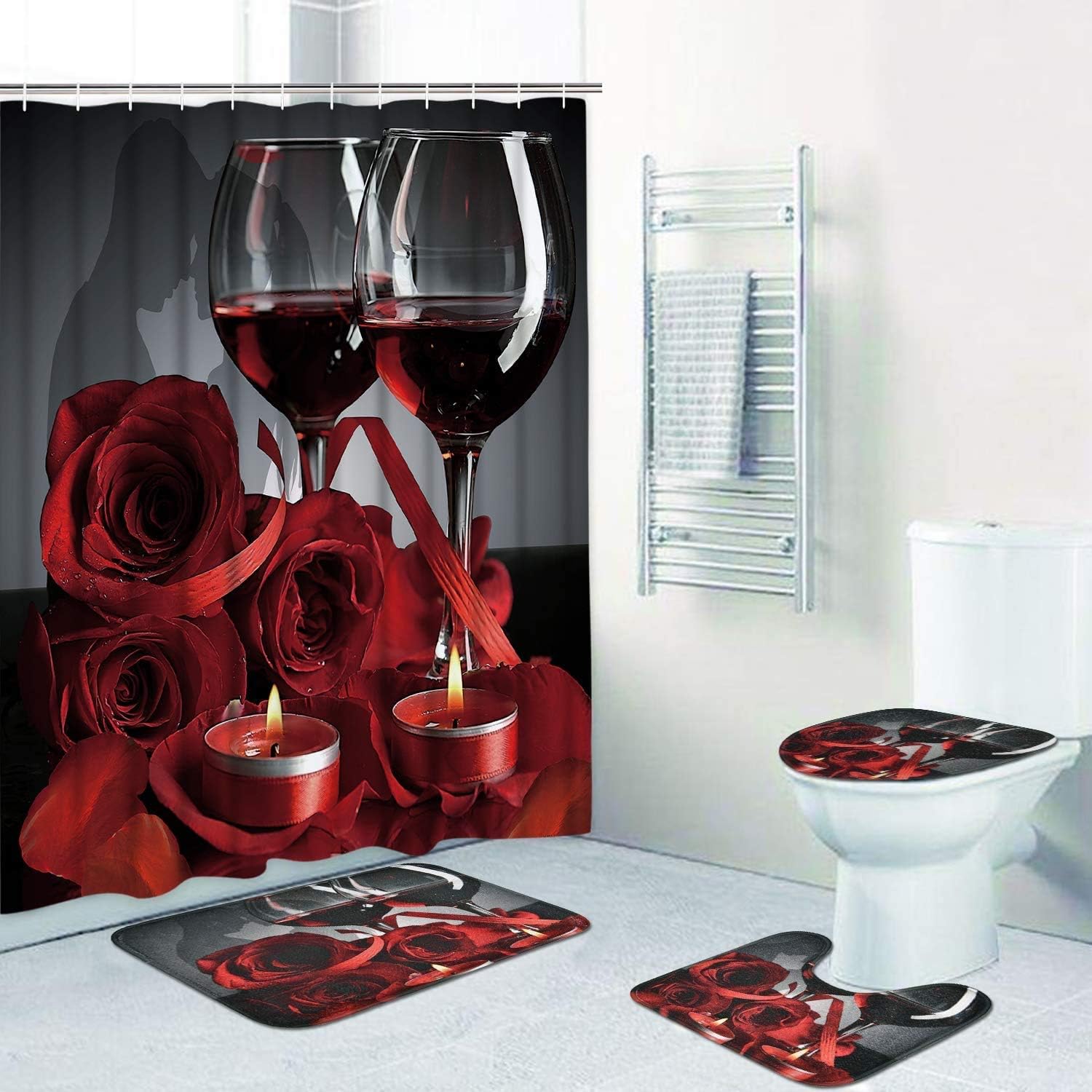 OLEBETY 4PCS/Set Romantic Candle Red Wine Rose Shower Curtain Floral Flower Bathroom Set Waterproof Fabric Polyester Bath Curtain, Non-Slip Bathroom Rugs Bath Carpet Toilet Rug, Red Wine & Rose