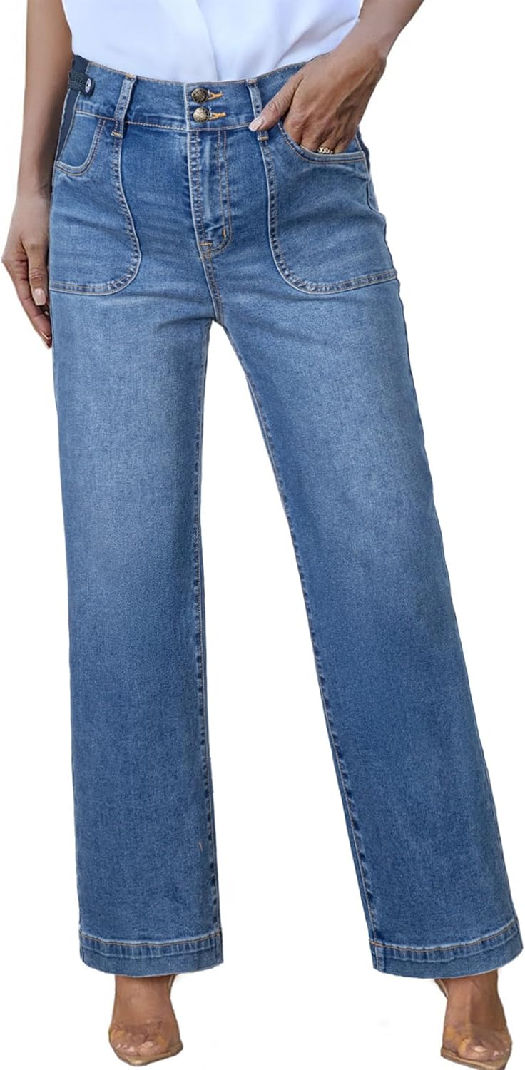 BLENCOT Women's Maternity Wide Leg Jeans High Waisted Stretchy Straight Leg Jeans Pregnancy Trendy Denim Pants with Pocket