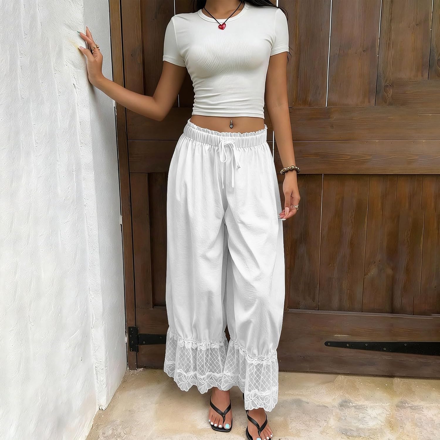 Women Lace Trim Long Bloomers Drawstring Elastic Mid Rise Ruffle Pantaloons Cropped Flared Slips Pants Pajama Bottoms