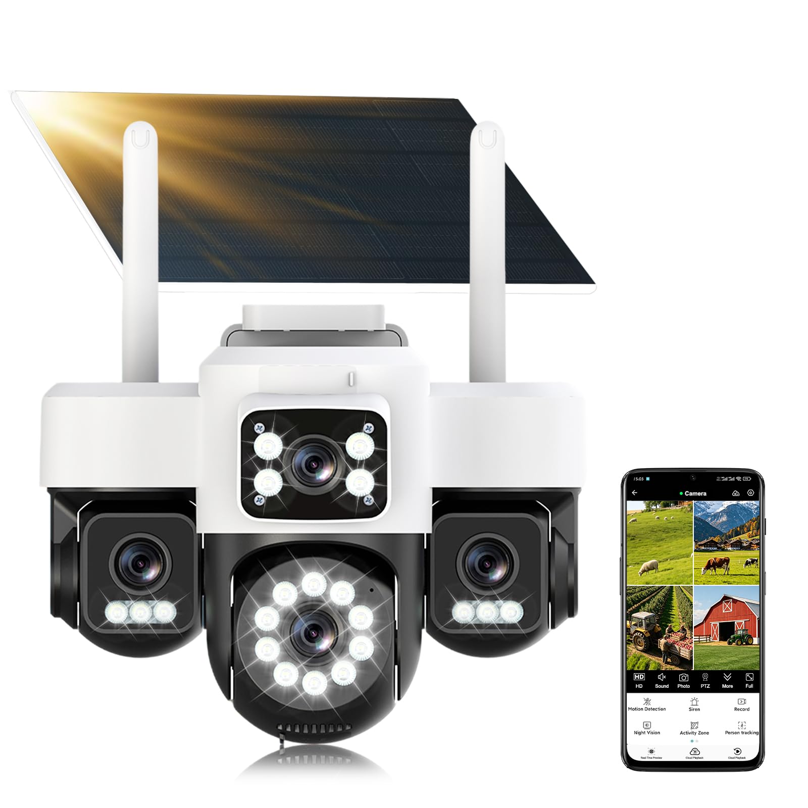 4G LTE - Telecamera di sorveglianza solare con scheda Sim,4 obiettivi, AOV 24/7,4K HD Telecamera esterna senza fili inclinabile a 355°/90°, Solare fotocamera+Batteria, visione notturna, rilevamento