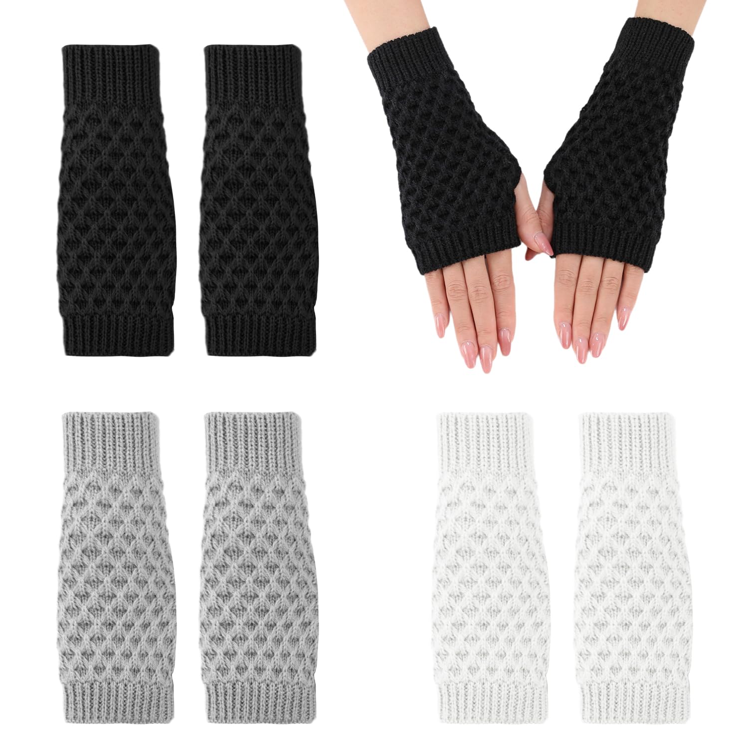 Cynosuretech Unisex Black 3 Pairs Of Knitted Wool Gloves, Fingerless Gloves, Winter Gloves, Elastic Soft Gloves, Women's Gloves