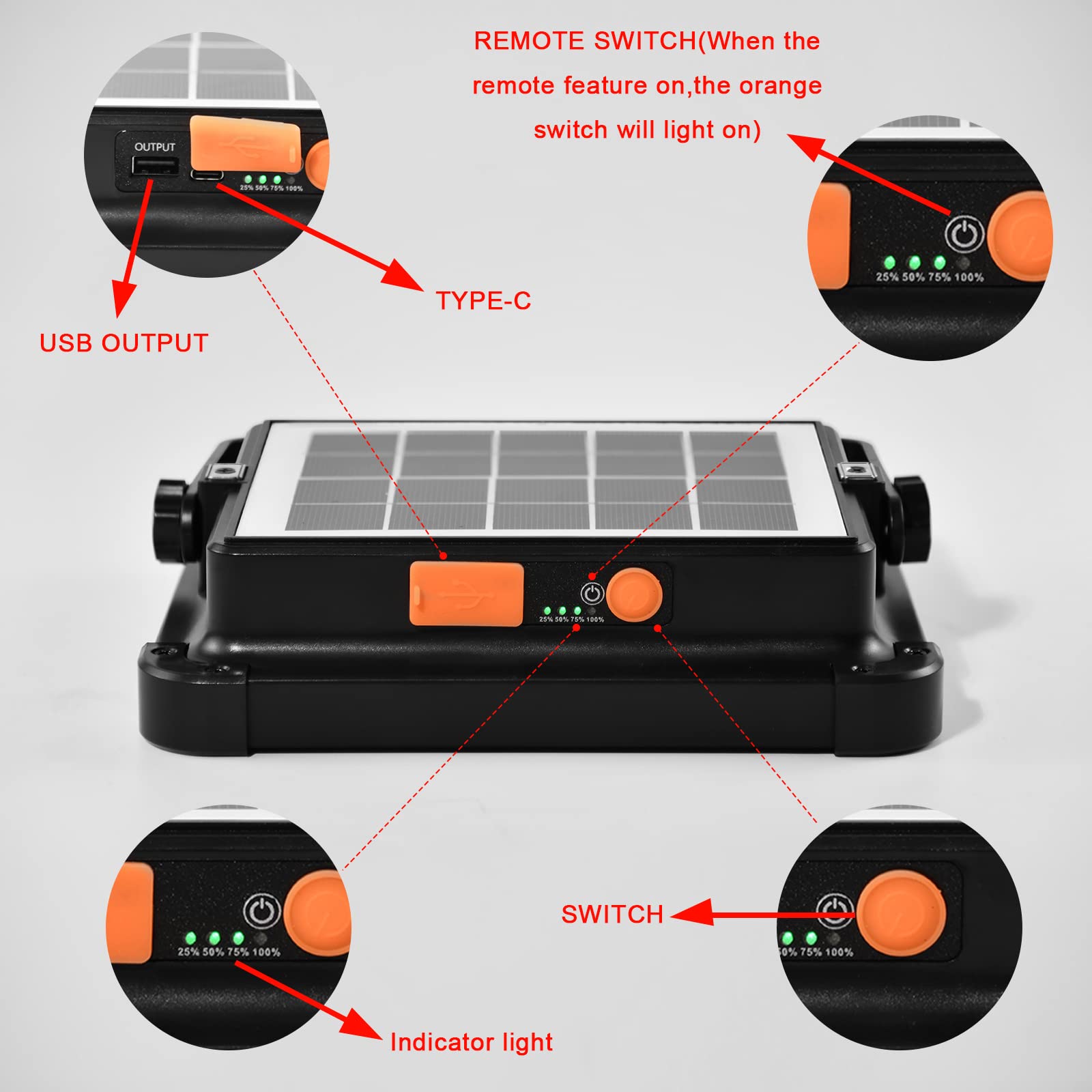Reflektor budowlany LED, akumulator 100 W, lampa robocza LED, 336 diod LED, panel słoneczny, 4 tryby świecenia, zewnętrzny akumulator o pojemności 16500 mAh, ładowany powerbank na kemping, do