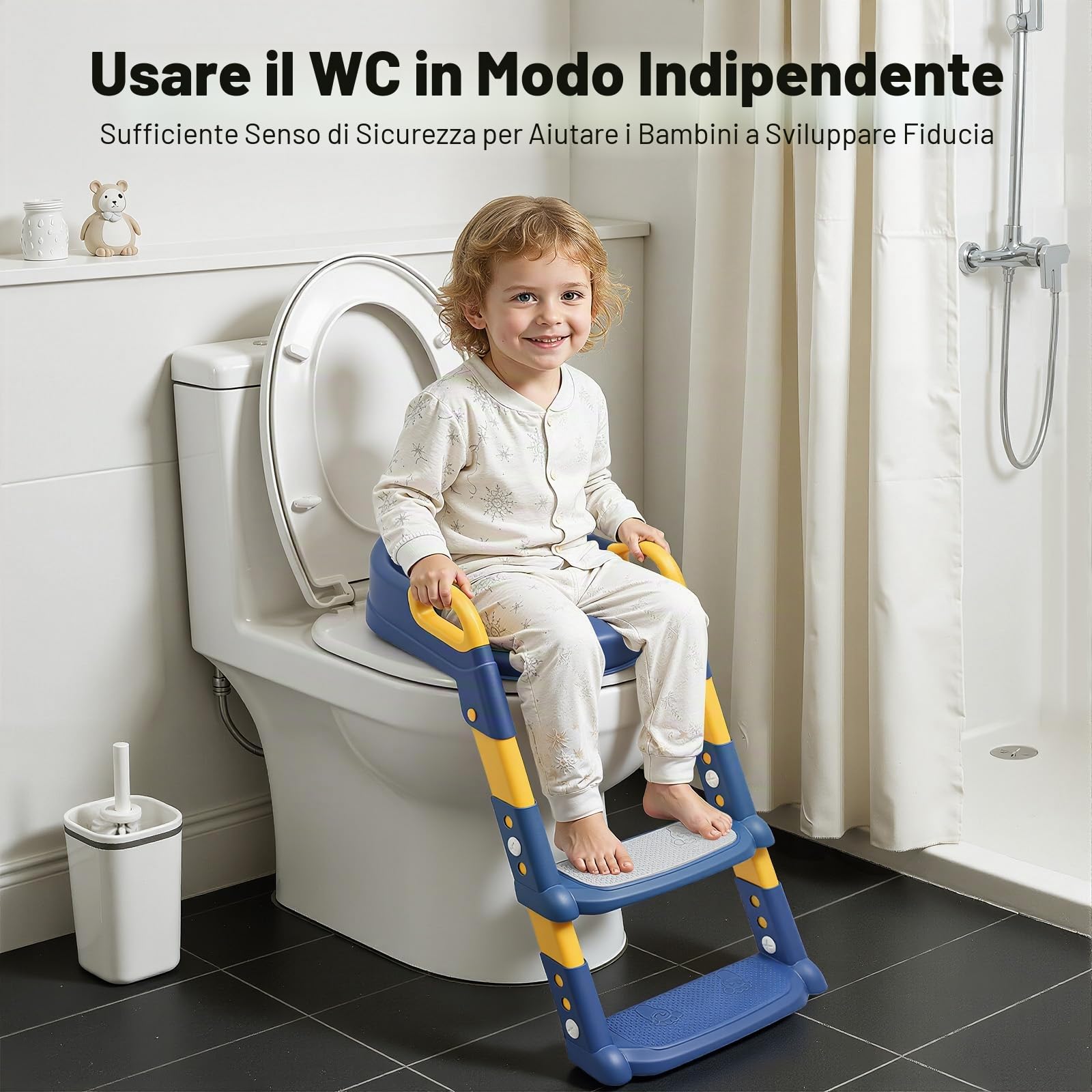 Sedile WC per Bambini con Scala, Sedile WC Pieghevole per Bambini per WC a V/U/O, 6 Regolazioni di Altezza, Supporto WC a U, con Cuscino PU Rimovibile, Blu