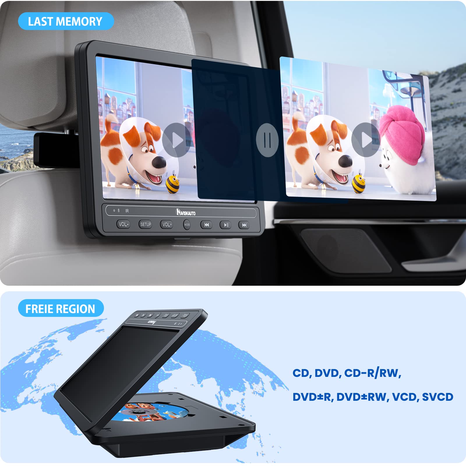 NAVISKAUTO 10,5 Zoll DVD Player Auto 2 Monitore Kopfstütze HDMI IN Mit 5 Stunden Akku, Auto Fernseher TV Kinder DVD-Player Unterstützt USB/SD-Karte, Last Memory, 2 Verschiedene Filme Spielen