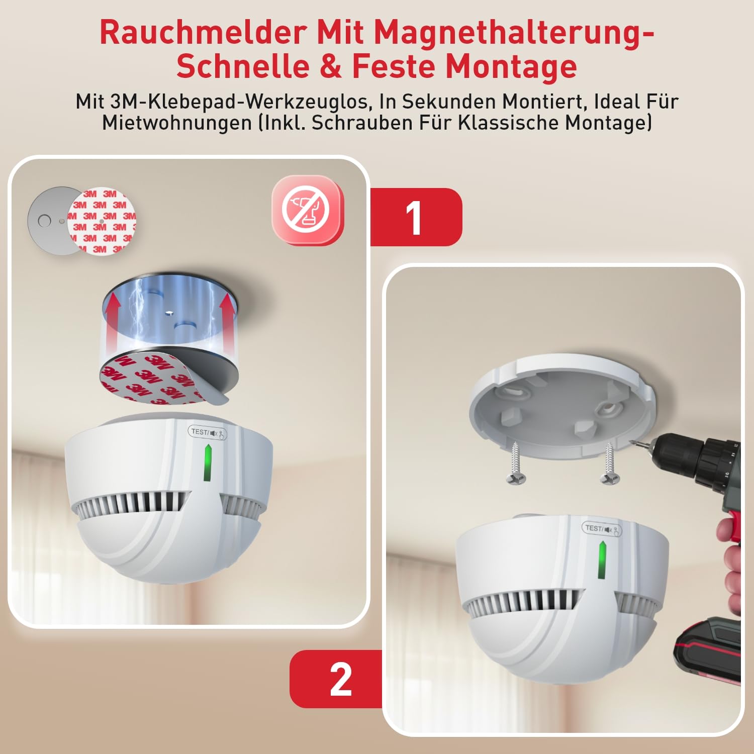 DAYTECH - Mini detector de humo con 10 años de batería, instalación fácil, alarma contra incendios, detector de humo sin perforación con soporte magnético, ideal para casa, apartamento y alquiler