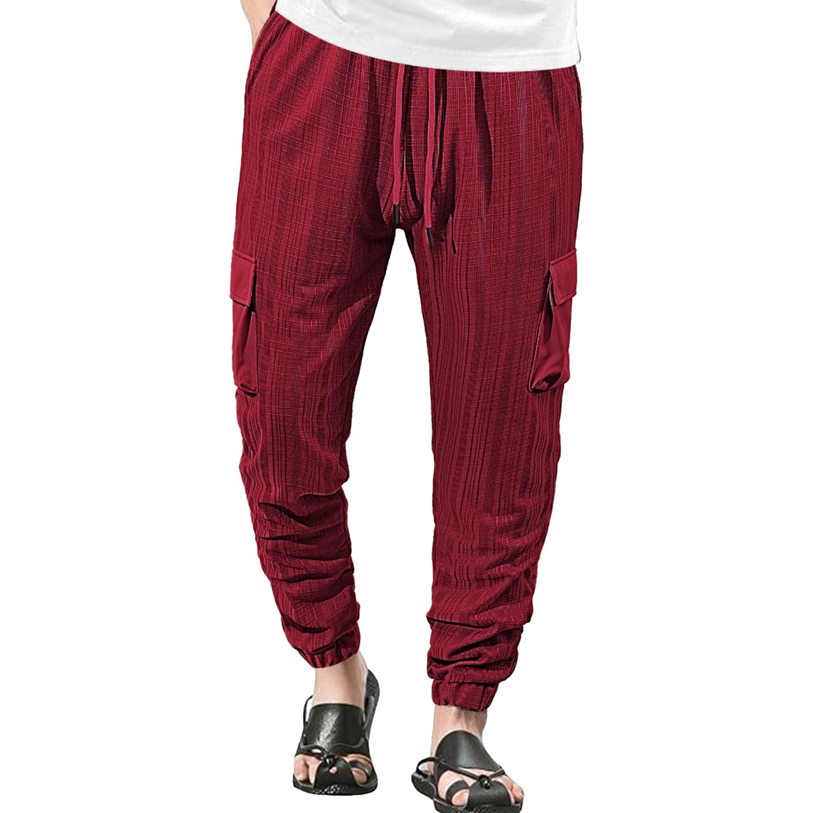 Solid Color Striped Cargo Sweatpants for Men Drawstring Elastic Waist Casual Lounge Trousers with Pockets