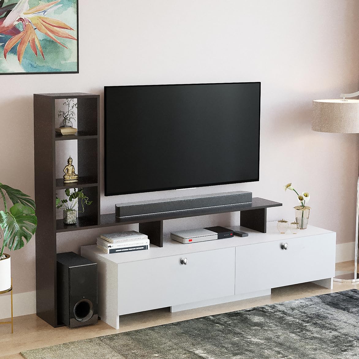 Ameya Engineering Wood Floor Standing TV Entertainment Unit Set Top Box Stand, TV Cabinet with Storage Shelves, Standard, for Upto 43 Inches (Wenge & Frosty White)-image-30