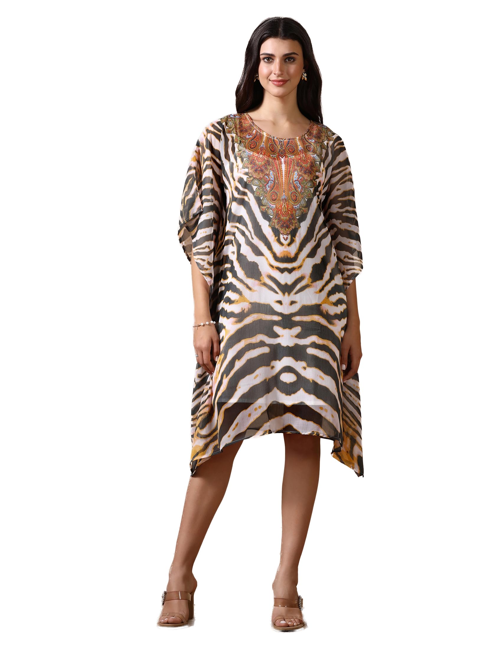 Shree Women Chiffon Off White and Green Printed Kaftan with Inner-image-4