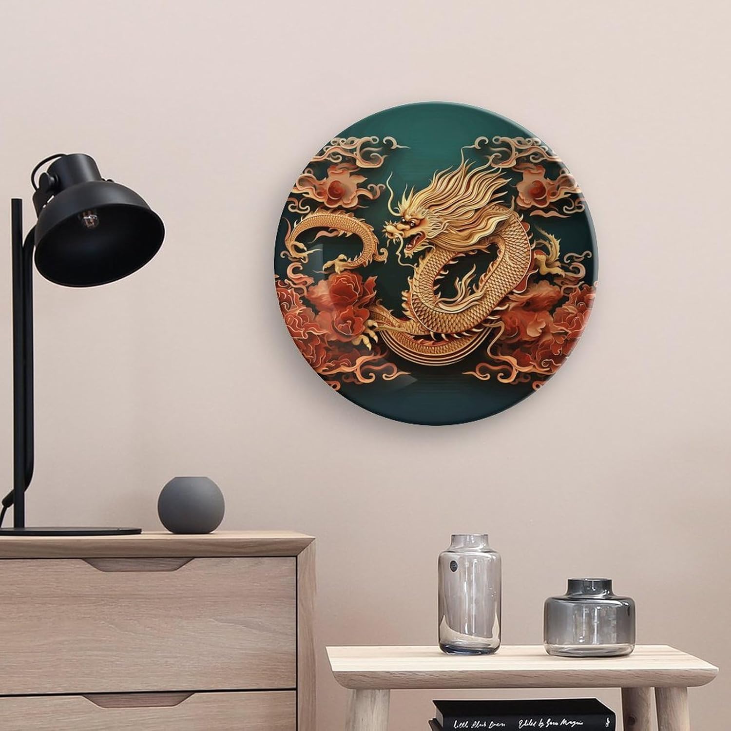 Dragon Chinese Background Decorative Plates for Display Custom Decorative Ceramic Plate With Stand Personalized Hanging Art Wall Decor for Living Room Hallway Table Shelf Decor