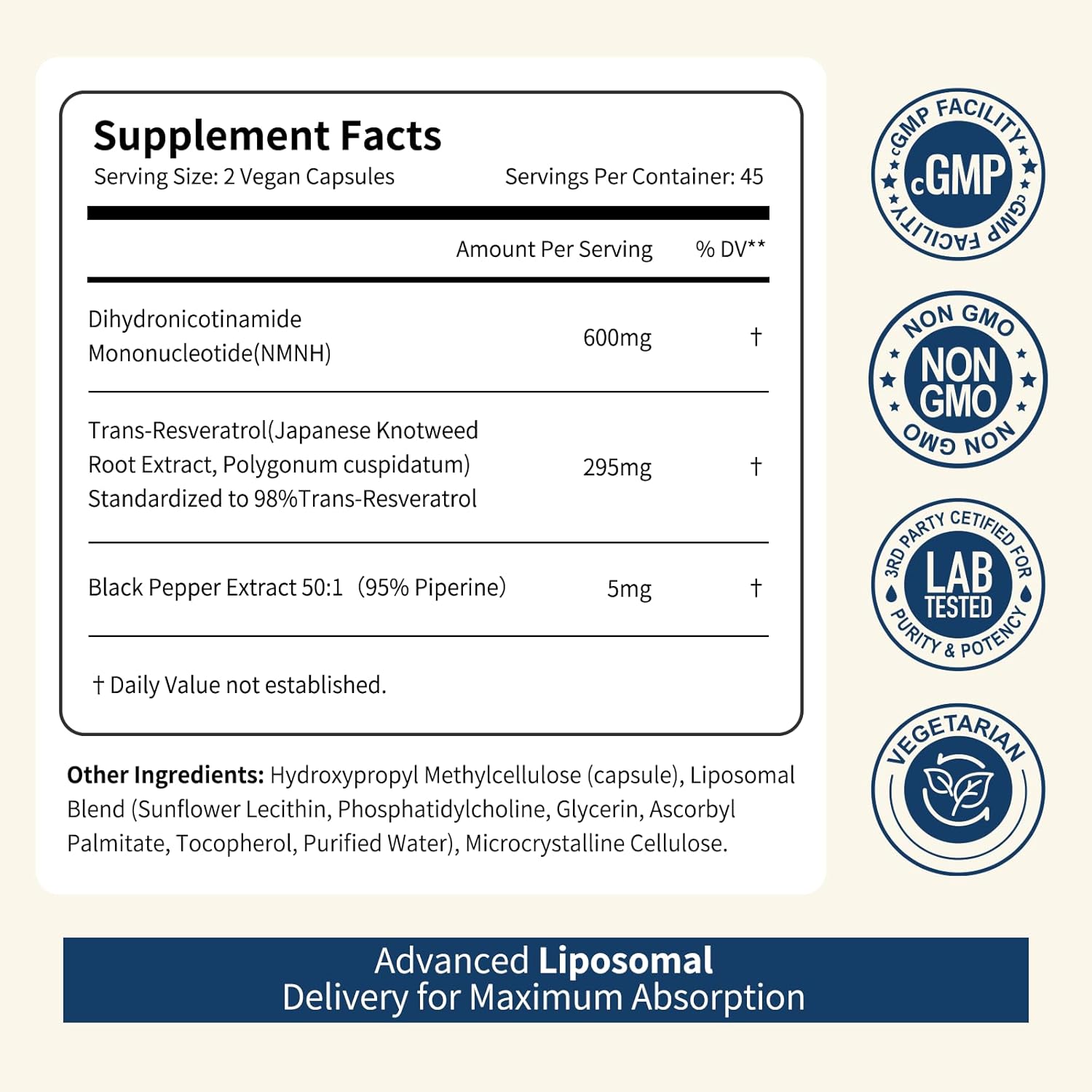 NMNH NAD+ Supplement, Liposomal 600mg NMN NAD+ and Resveratrol Complex for Cellular Energy, Healthy Aging & Metabolic Support, 90 Capsules
