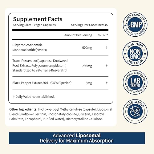 Miniatura 2 de NMNH Suplemento liposomal NAD+ con resveratrol Aumenta la energía celular, apoya el antienvejecimiento y la vitalidad Fórmula avanzada, probada