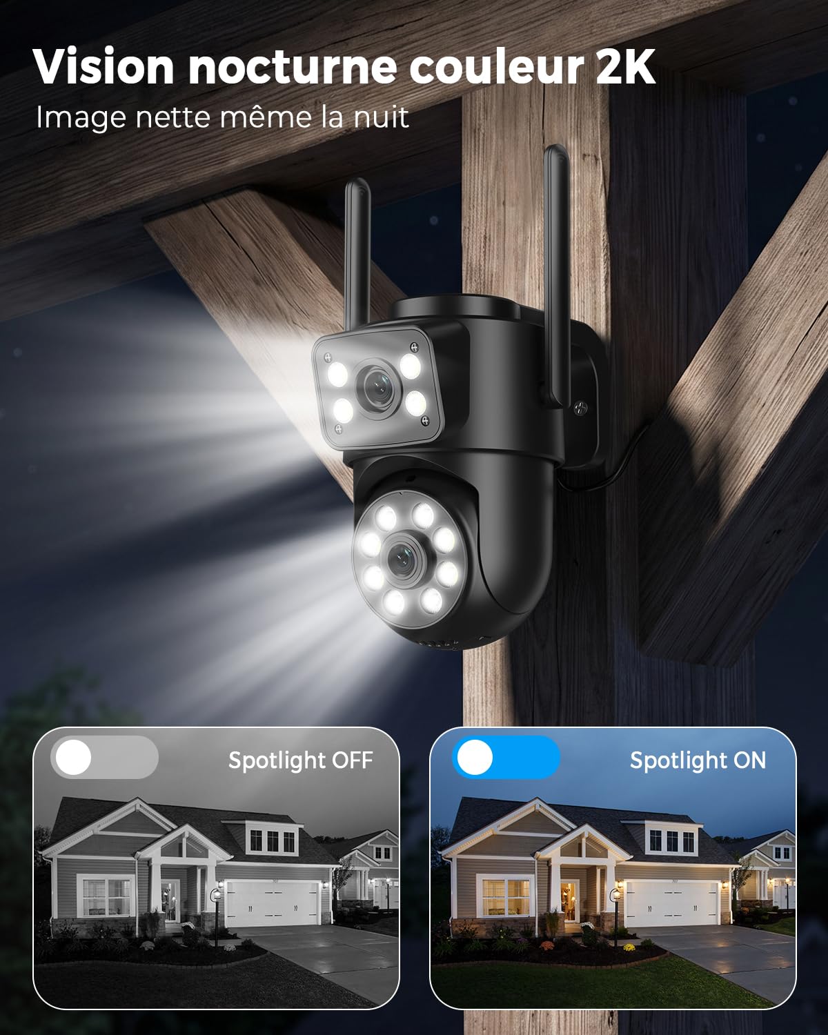 Reobiux 2K Camera Surveillance WiFi Exterieure avec Double Objectif, 1 Pack | Vision Nocturne Couleur, Détection Humaine Intelligent, Audio Bidirectionnel, Étanche IP66, Résolution HD, Technologie PTZ