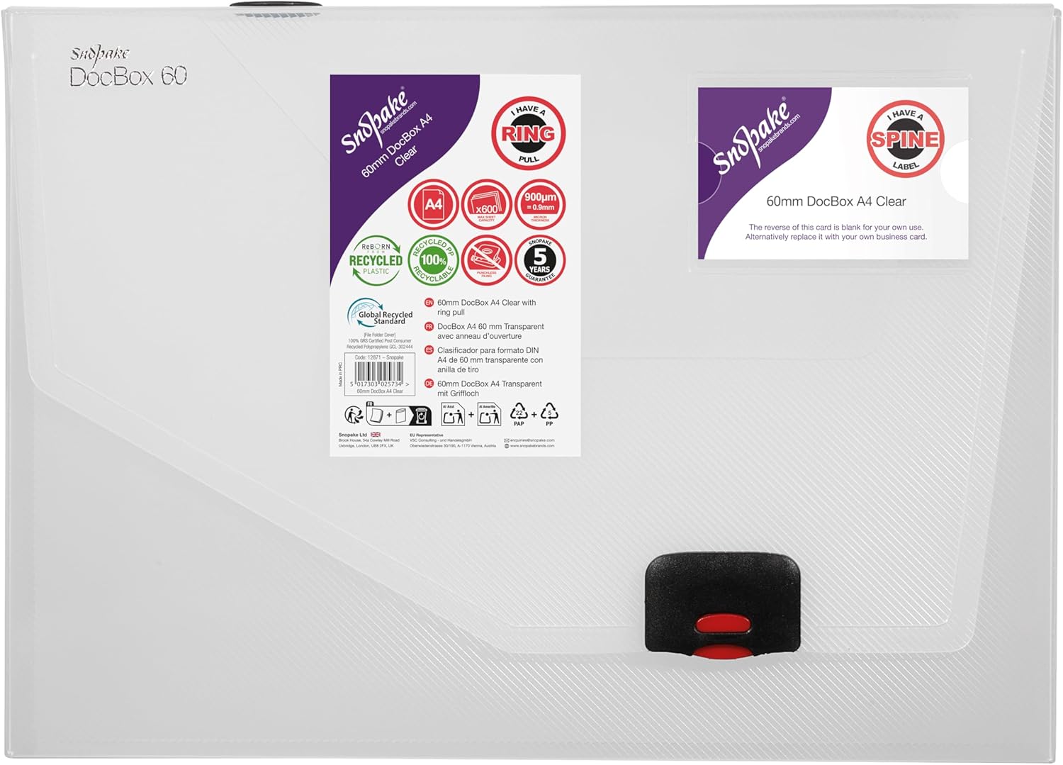 Snopake A4 DocBox Clear 60 mm Box File with Push Lock (Pack of 1) Ref 12871