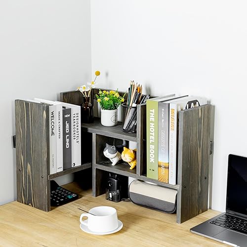 Miniatura 9 de MyGift Estante de escritorio ajustable, estante organizador apilable de madera maciza quemada rústica de lujo, estante organizador de estantería de