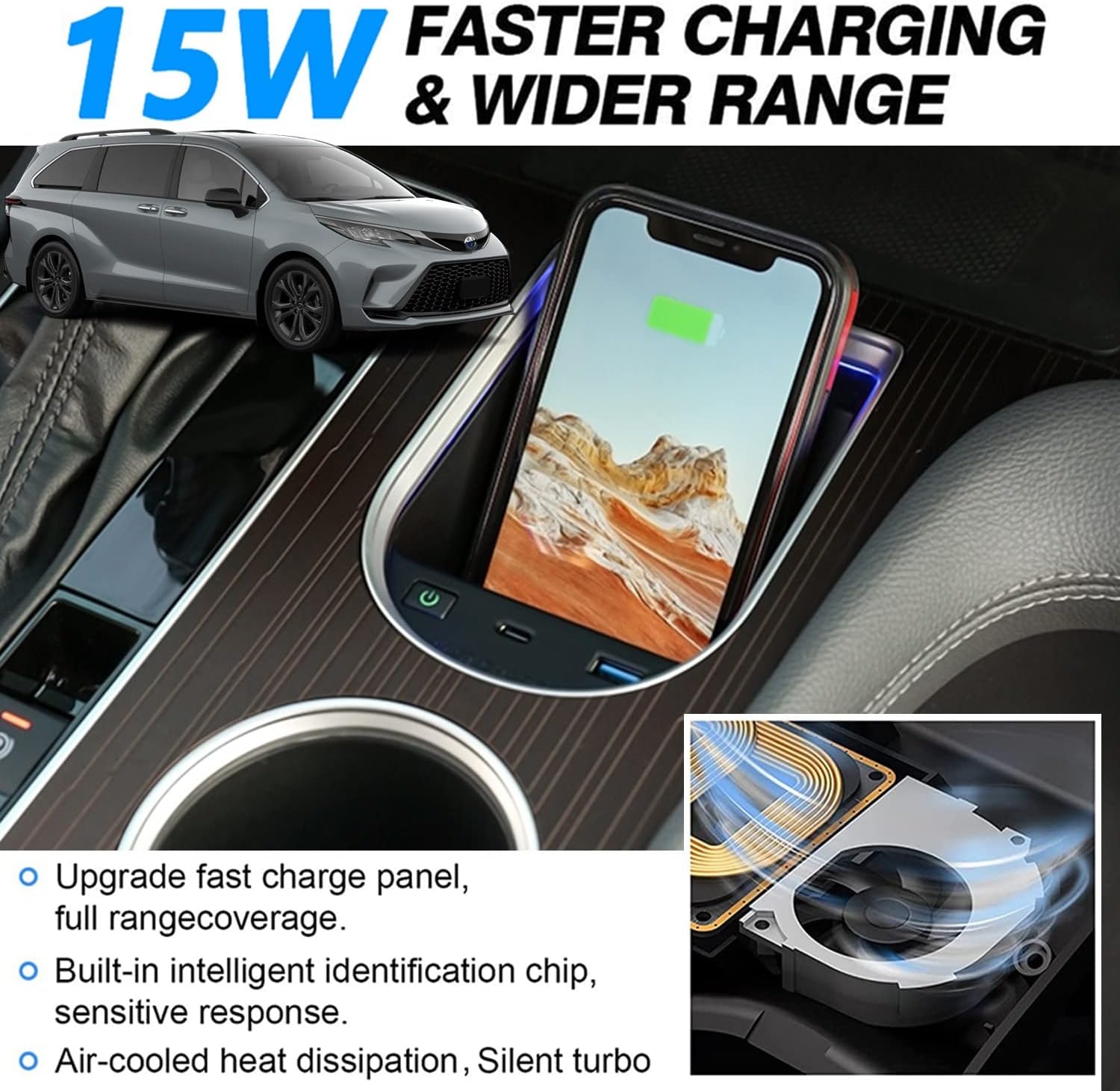 Wireless Car Charger Compatible with Toyota Sienna 2021-2023, 15W Qi Fast Charging Phone Charger Holder for 4th Gen Toyota Sienna Center Console Accessory, Gift for Toyota Sienna Owners