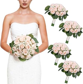 9 Inch Wedding Bouquets for Bride, Set of 4 Artificial Simple Rose Arrangement for Bridesmaid Bridal Shower Event Ceremony Table Decorations - Pale Pink