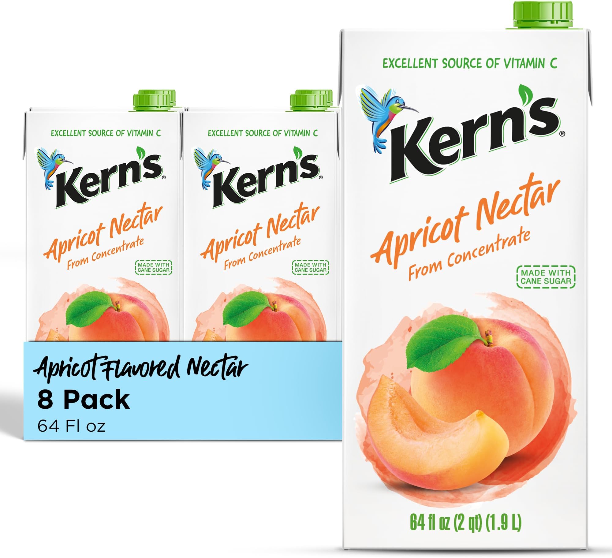 Kern’s Apricot Nectar Juice - Made with Fresh Fruit Puree & Apricot Juice Concentrate for Smoothie Mix, Cocktail Mixers, Kids Drink & Beverages - 64oz, 8 Pack Carton