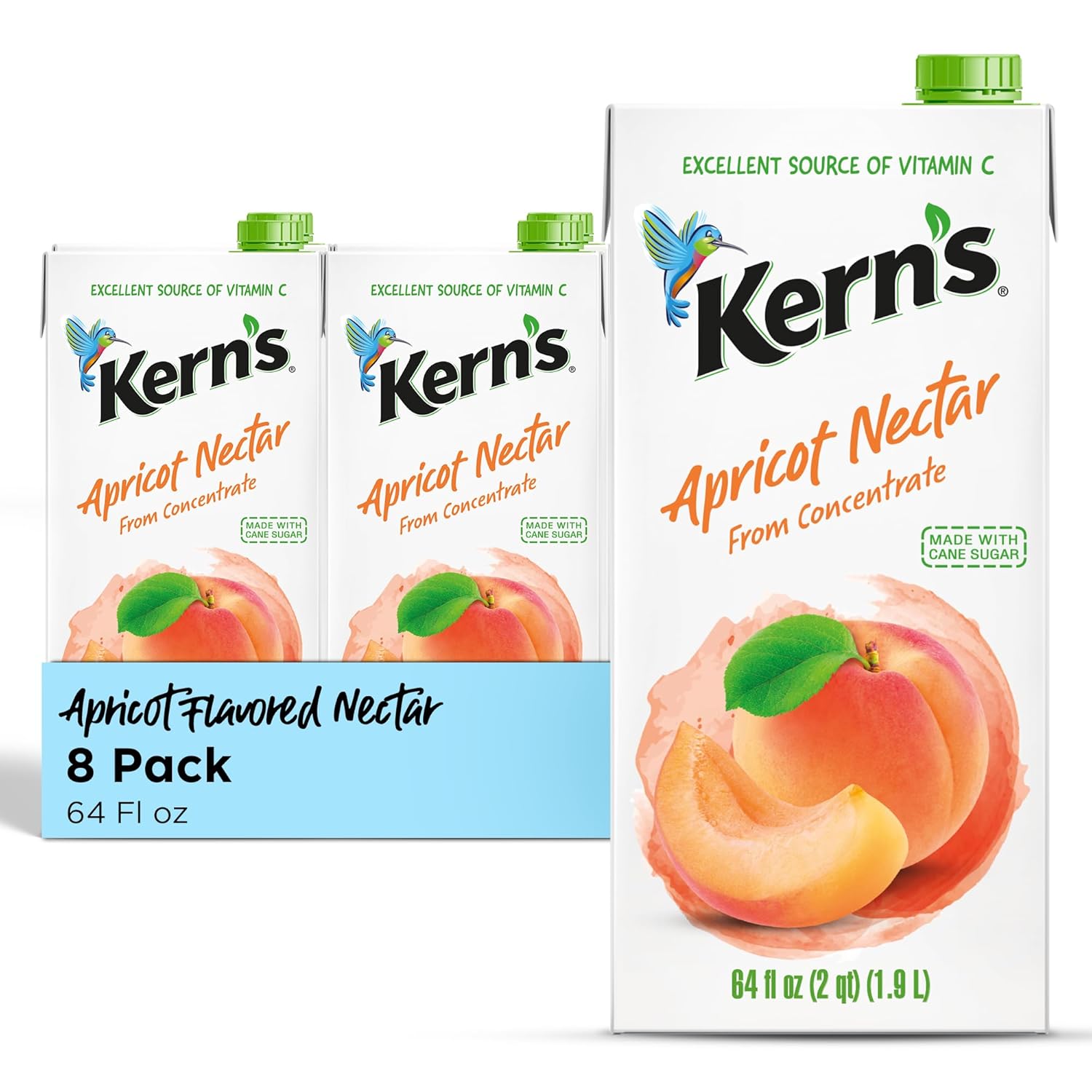 Kern’s Apricot Nectar Juice - Made with Fresh Fruit Puree & Apricot Juice Concentrate for Smoothie Mix, Cocktail Mixers, Kids Drink & Beverages - 64oz, 8 Pack Carton