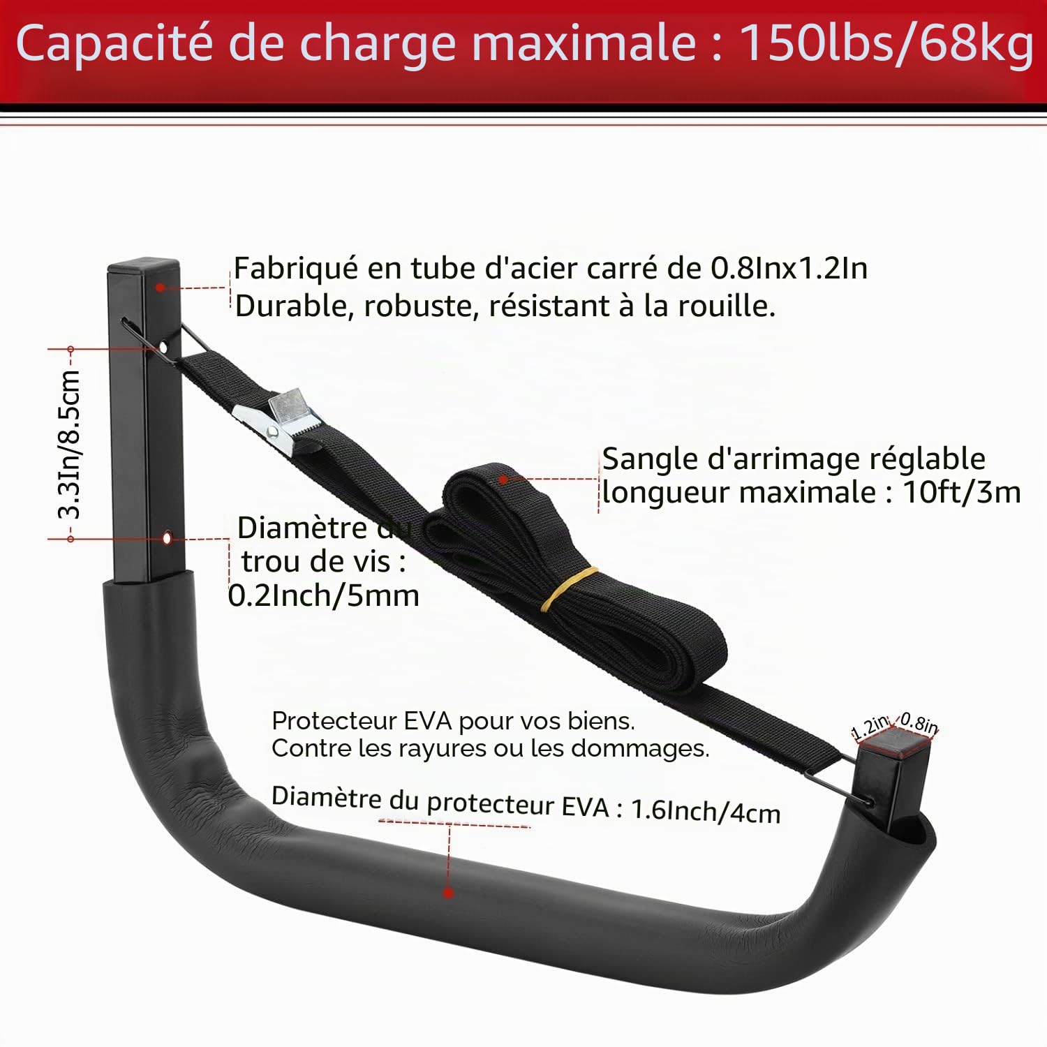 Porte-kayak, fixation murale pour garage et canoës pour kayak ou paddleboard, crochets résistants (38 cm x 26,7 cm)