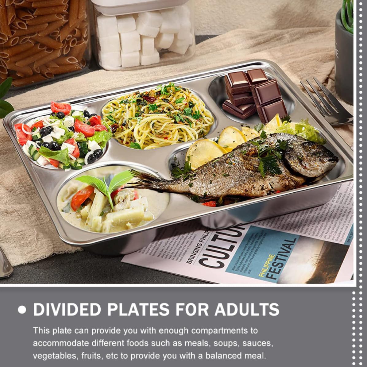 Toyvian Plateaux Repas Acier Inoxydable 3 Pièces 5 Compartiments Profonds Rectangulaires pour Adultes et Restauration Scolaire Empilables et Lavables Lave-Vaisselle