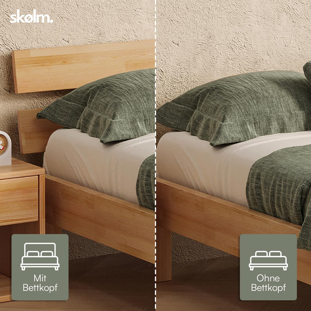 skølm Floki Massivholzbett 180x200 cm aus Buche - hochwertiges Bettgestell - Bettrahmen mit Bettkopf - Holzbett in Natur geölt - Bettrahmen geeignet als Doppelbett - Futonbett - Schlafzimmer Bett