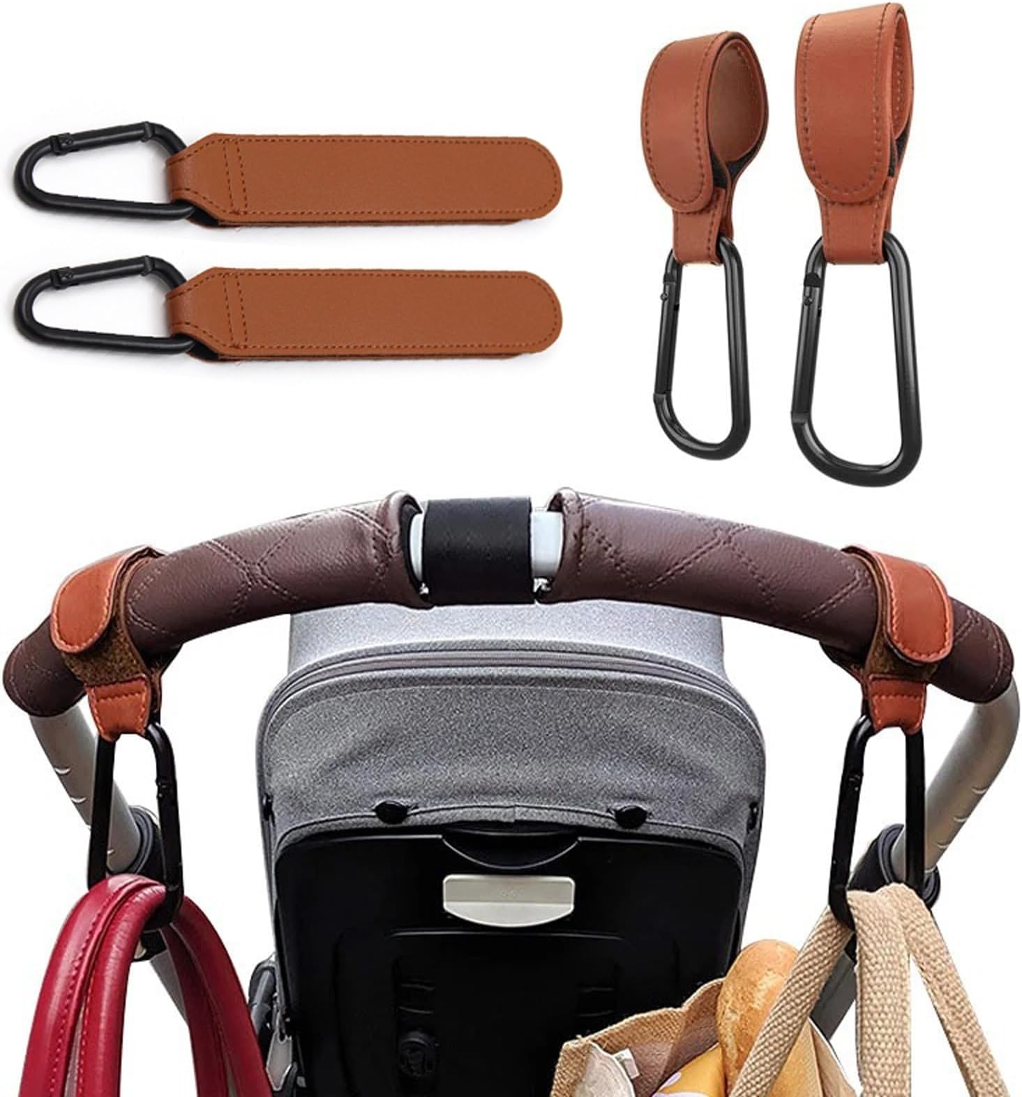 Universal 2-Pack Leather Pram Hooks with Metal Carabiner, 360° Rotation Stroller Clip Adjustable Quick Release Design Hanging Hook for Pram Stroller, Bike - Stylish & Durable Storage Solution