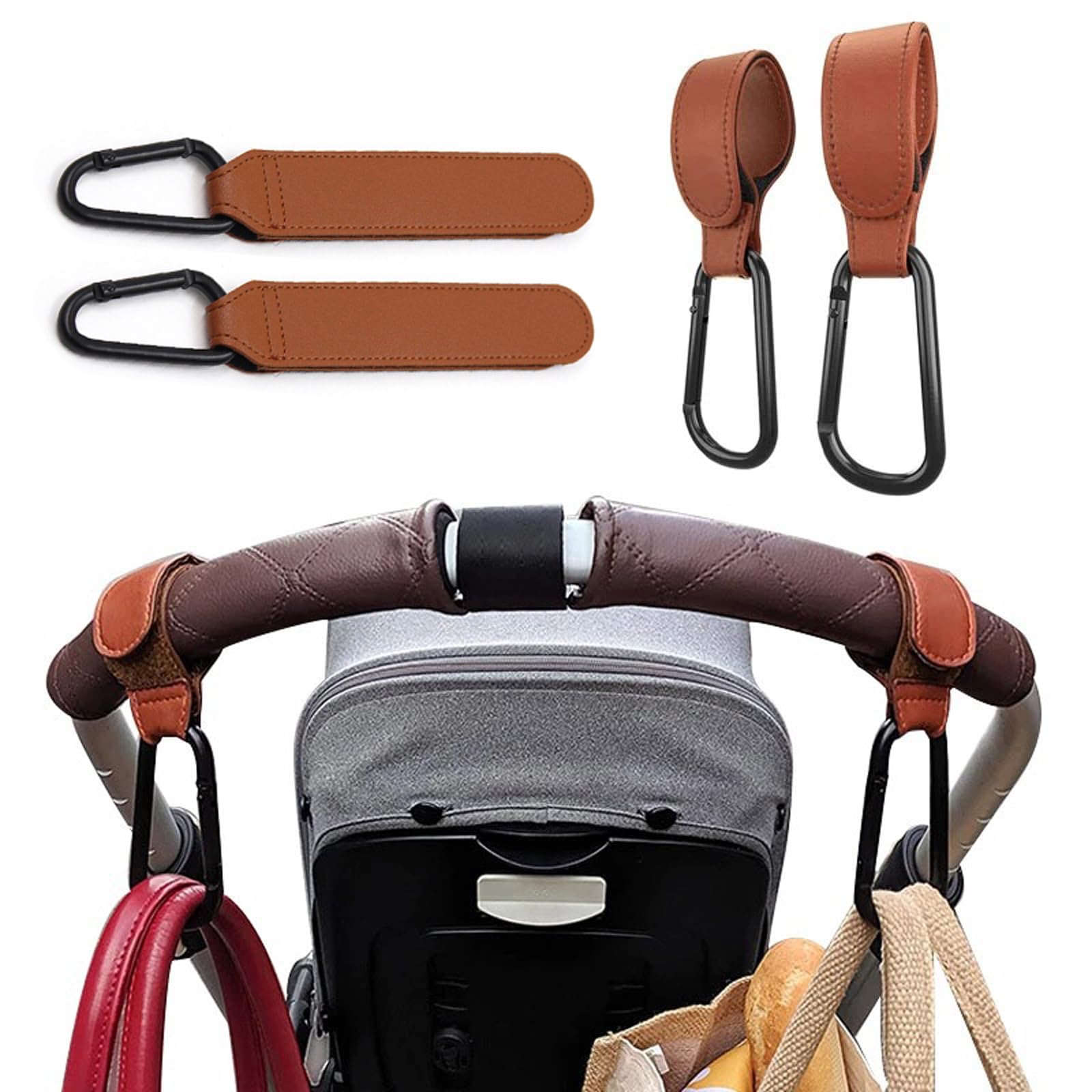 Universal 2-Pack Leather Pram Hooks with Metal Carabiner, 360° Rotation Stroller Clip Adjustable Quick Release Design Hanging Hook for Pram Stroller, Bike - Stylish & Durable Storage Solution