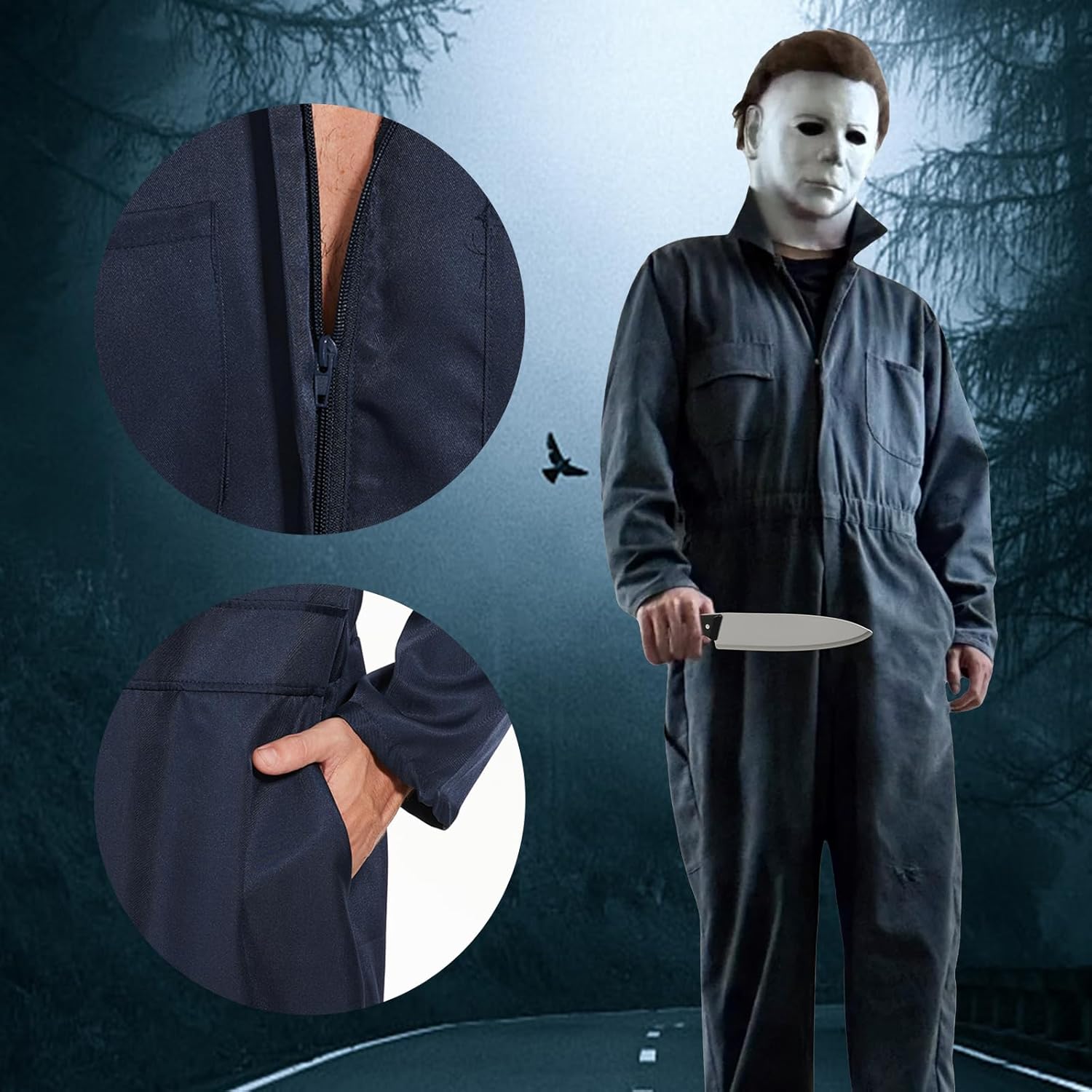 Adult Navy Blue Jumpsuit Coveralls with Mask And Classic Knife for Halloween Cosplay - Image 5