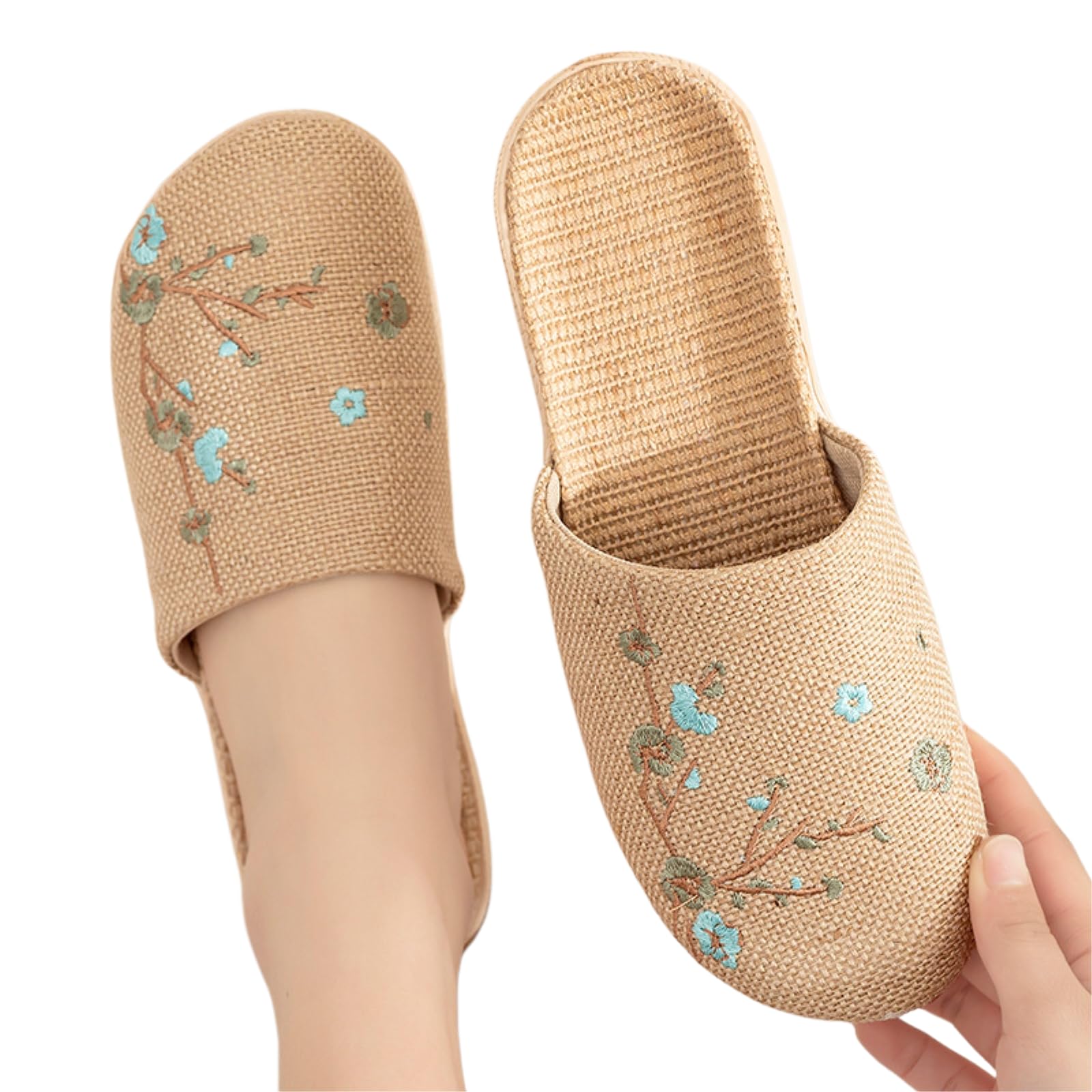 Chaussons en lin respirants pour femme avec semelle antidérapante douce bleu ciel