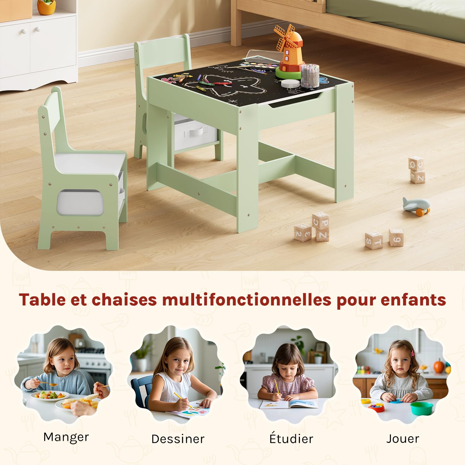 WOLTU Table et 2 Chaises pour Enfants, Mobilier pour Crèche avec Rangement, Plateau de Table Réversible,pour Enfants Plus de 2 Ans, en Bois MDF, Vert et Blanc