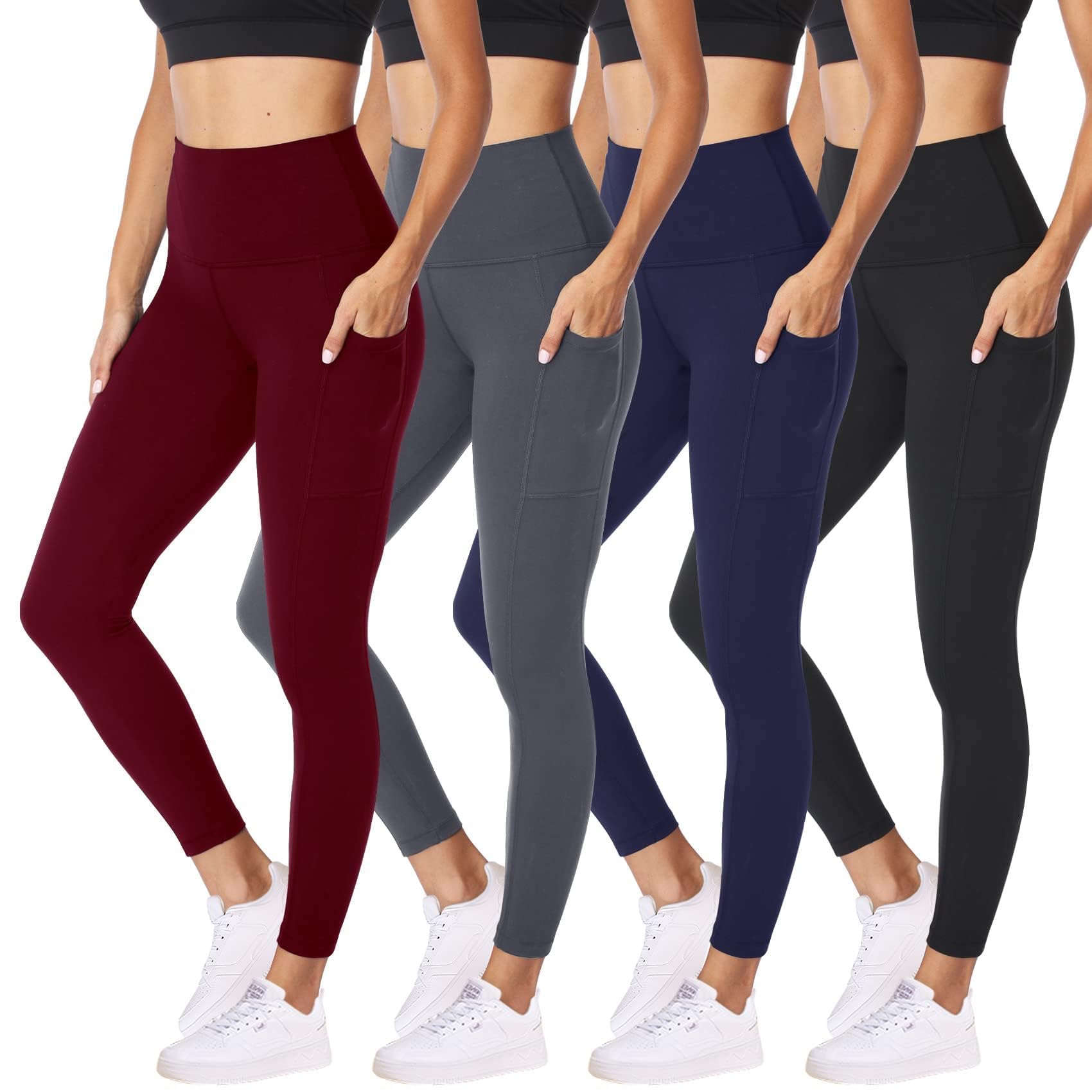NexiEpoch 4 Pack Leggings for Women - High Waisted Tummy Control Soft Black Capri Yoga Pants with Pockets for Workout