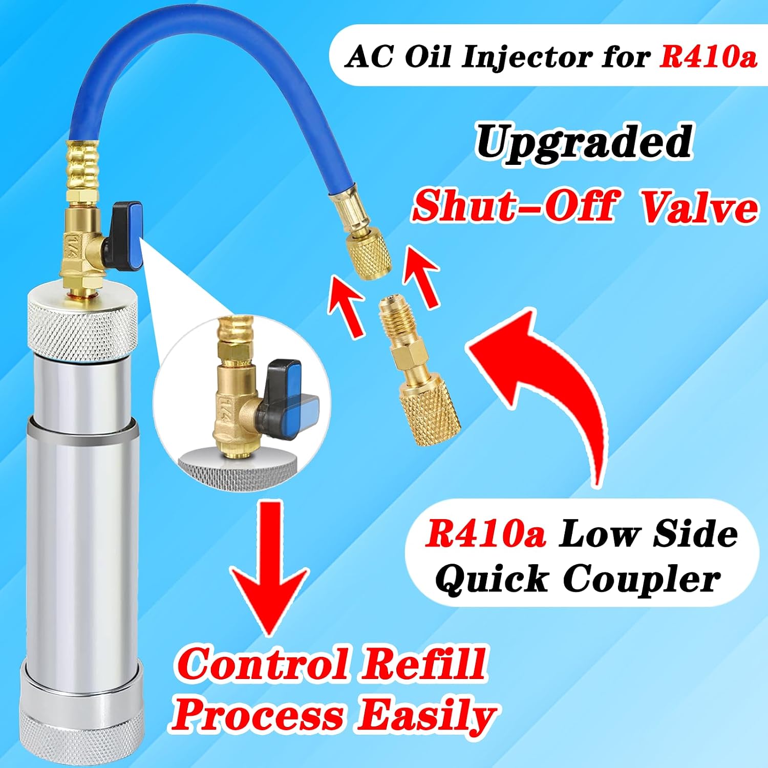 AC Oil Injector for R1234yf R134a R410a, AC Dye Injector with Shut-Off Valve, 1234yf Dye Injector with Backflow Prevention Function, AC Dye Oil Injector Kit with R1234yf R134a Couplers R410a Adapter