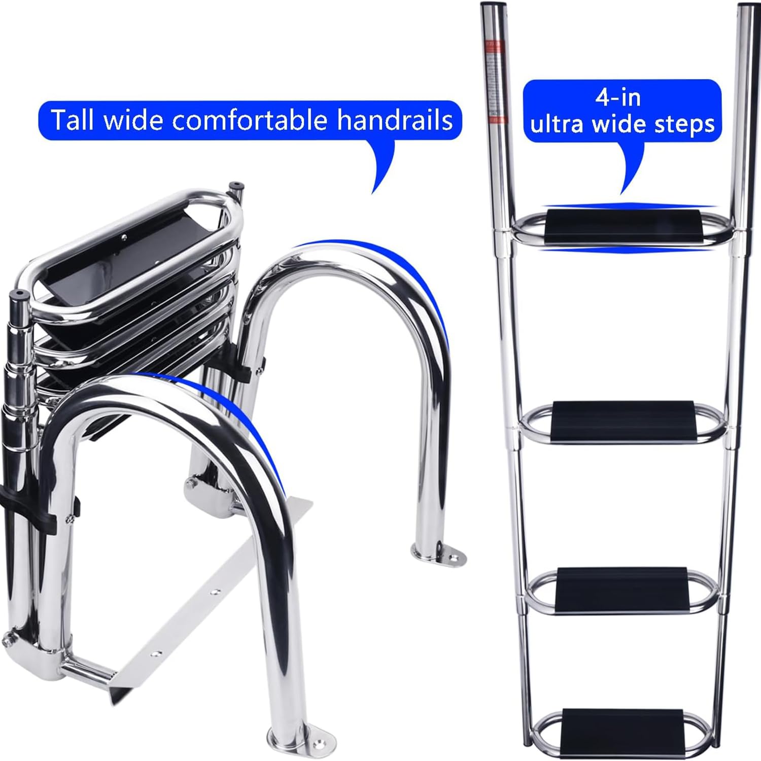 Scaletta per Barche 4 Gradini - Pontoon Pieghevole Piscina in Acciaio Inox Scala Telescopica Ingresso Posteriore Marino Ampia Galleggiante Corrimano Pedale capacità Carico 300Kg