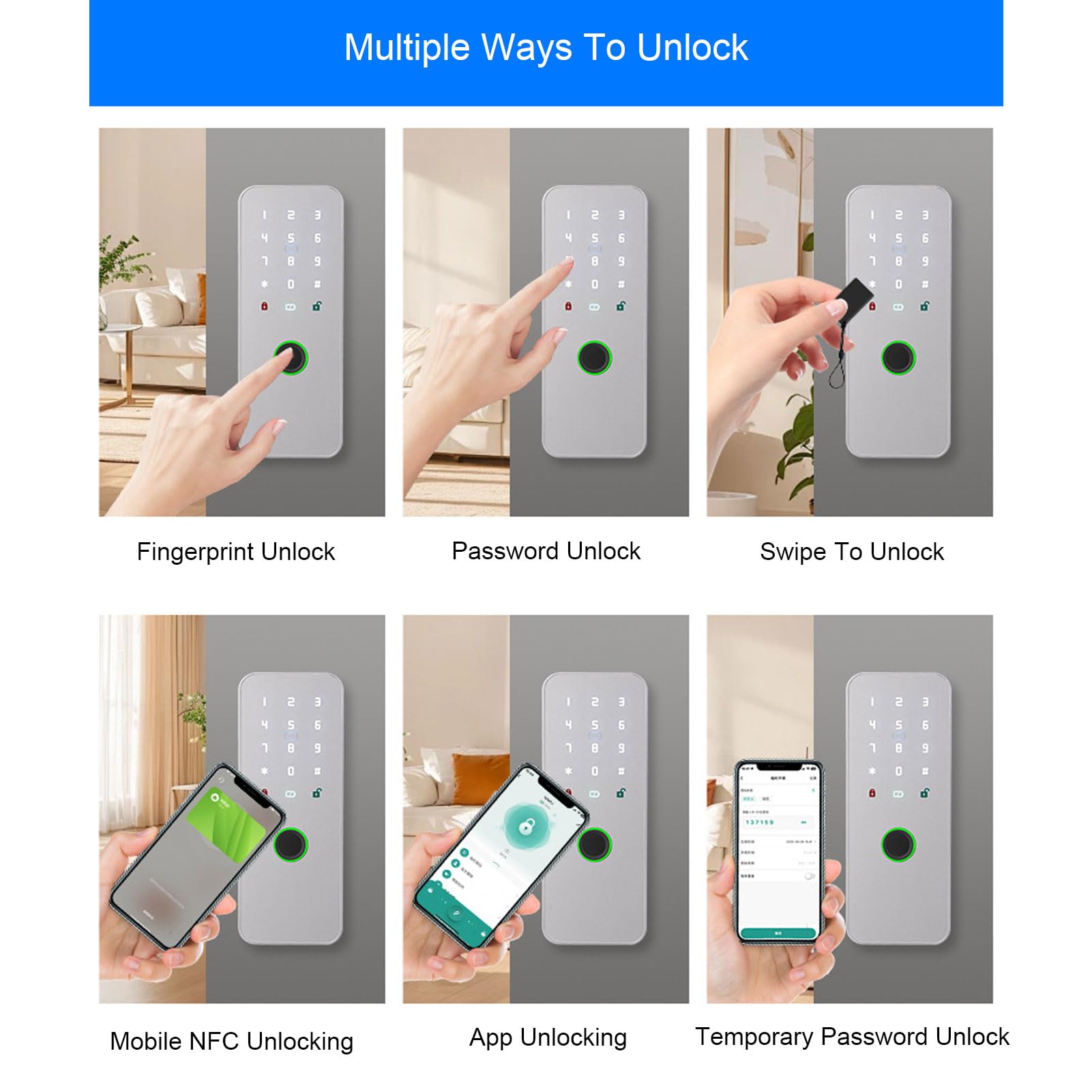 Asixxsix Cerradura electrónica sin llave invisible, Cerradura inalámbrica inteligente de huellas digitales Bluetooth con 2 Mando a distancia para Tuya para Casa Apartamento (Plata)