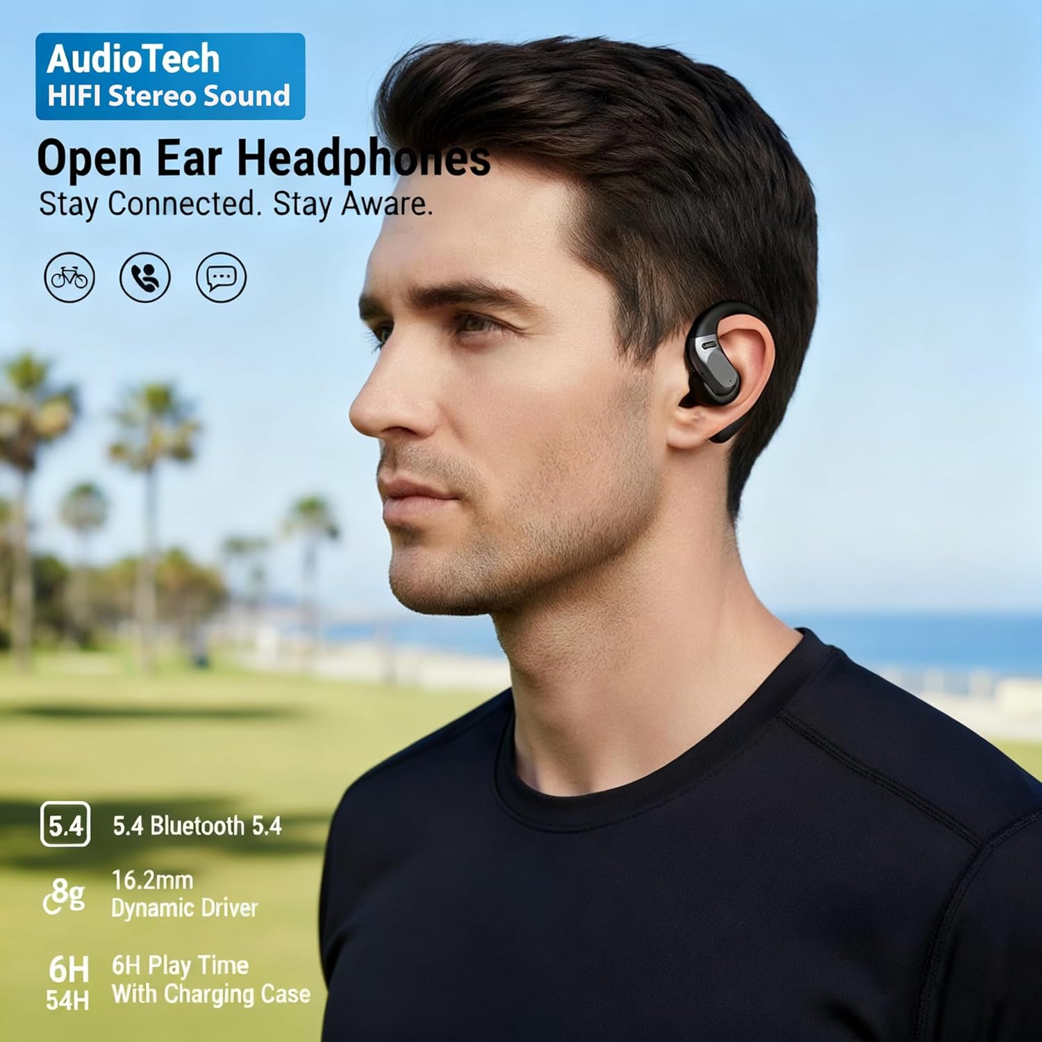 Open Ear Headphones, Bluetooth 5.4 Earphones Stereo Sound,54H Playtime, HD Clear Calls,Touch Control, Lightweight Comfort Wireless Open Ear Earbuds Fit Sports, Running, Cycling (Grey) - Image 2