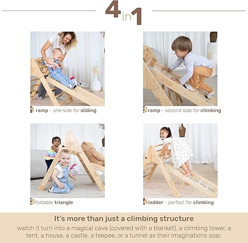 Miniatura 3 de Pickler plegable resistente - Gimnasio de escalada de 3 piezas - Juego de triángulos Pikler 5 en 1 - Rampa escaladora arco de red - Triángulo