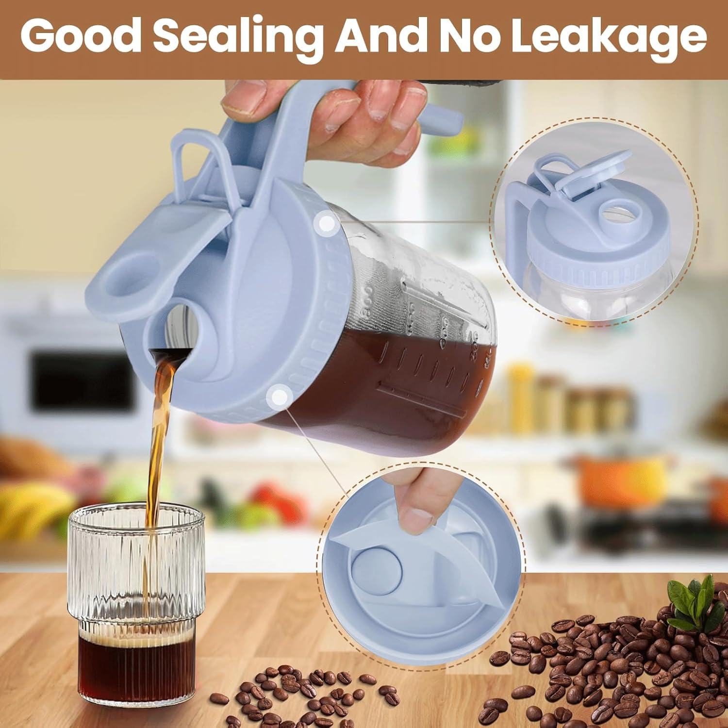 Cold Brew Coffee Maker,32 oz Mason Jar Pitcher with Stainless Steel Filter, Pour Spout Handle Lid, Heavy Duty Glass Airtight & Leak-Proof Pitcher for iced coffee Tea Lemonade-Gray - Image 3